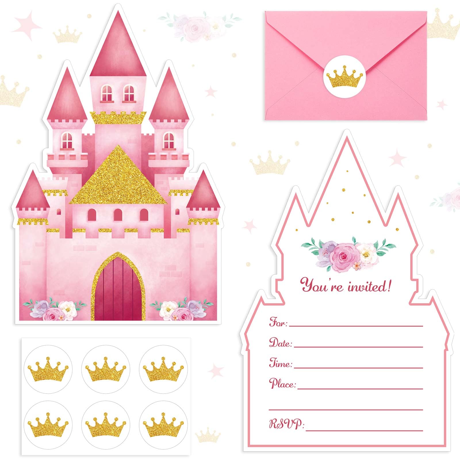 Magical Pink Castles Birthday Invitations (30 Sets) - Includes Envelopes and Stickers for Girl/Boy Party Decor
