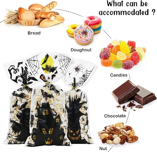 Miniatura 4 de Bolsa de regalo para fiesta de Halloween con lazos giratorios, 100 bolsas de celofán de Halloween, araña, murciélago, fantasma, malvado, dulces,