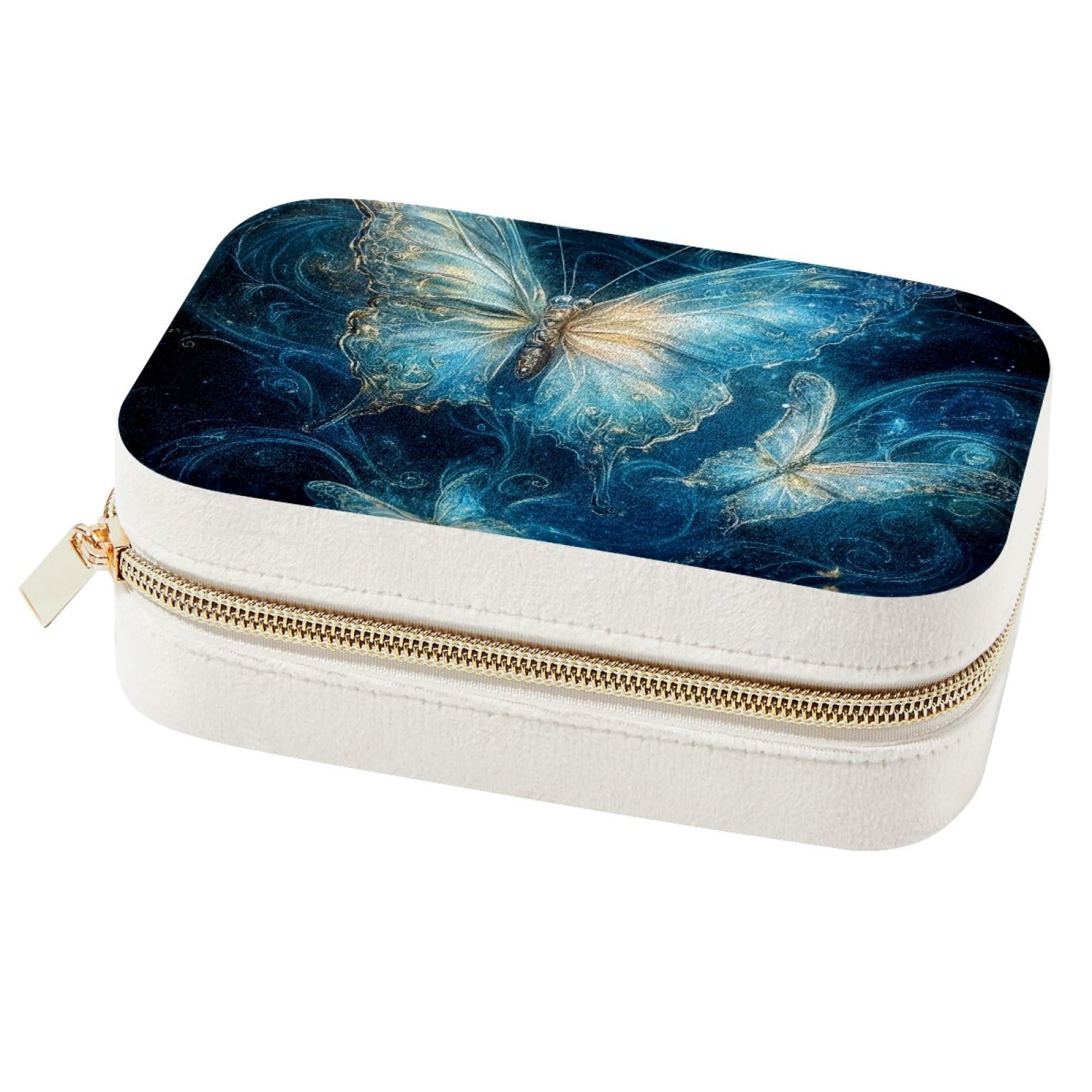 Boîte à bijoux portable papillons bleus pour voyage et rangement bagues