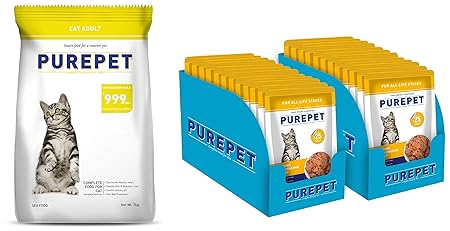 PurePet Adult Dry Cat Food, Seafood 7 Kg. & All Life Stages Wet Cat Food, Real Tuna and Chicken Liver in Gravy, 24 Pouches (24 x 70g)