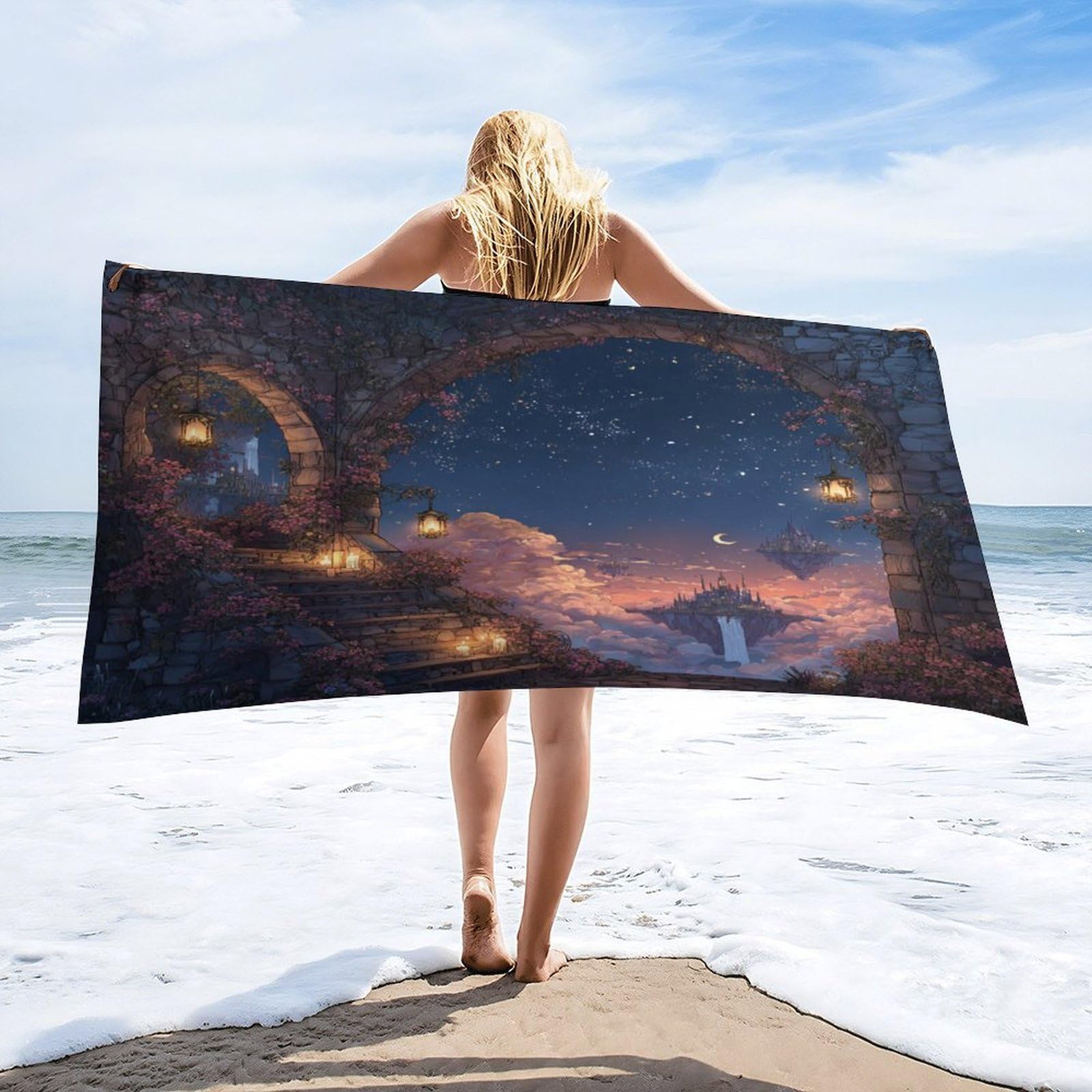 LUYYSKY Vintage Romantic Flowers Arch Quick-Drying Beach Towel, Fairy Oil Painting Starry Sky Enchanted Garden Castle Travel Vacation Single Sided Pile Bathroom Towels-80 W cm x 160" L cm
