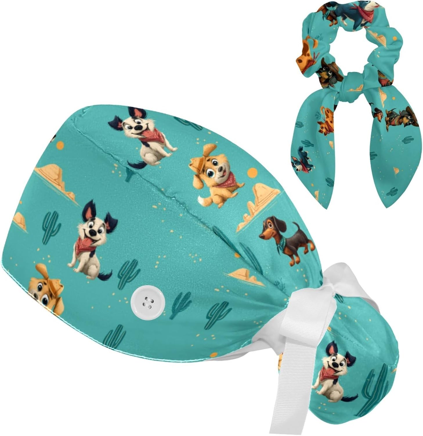 Dog Scrub Caps Women Bouffant Nurse Cap Ponytail with Buttons | Surgical Cap with Hair Scrunchy