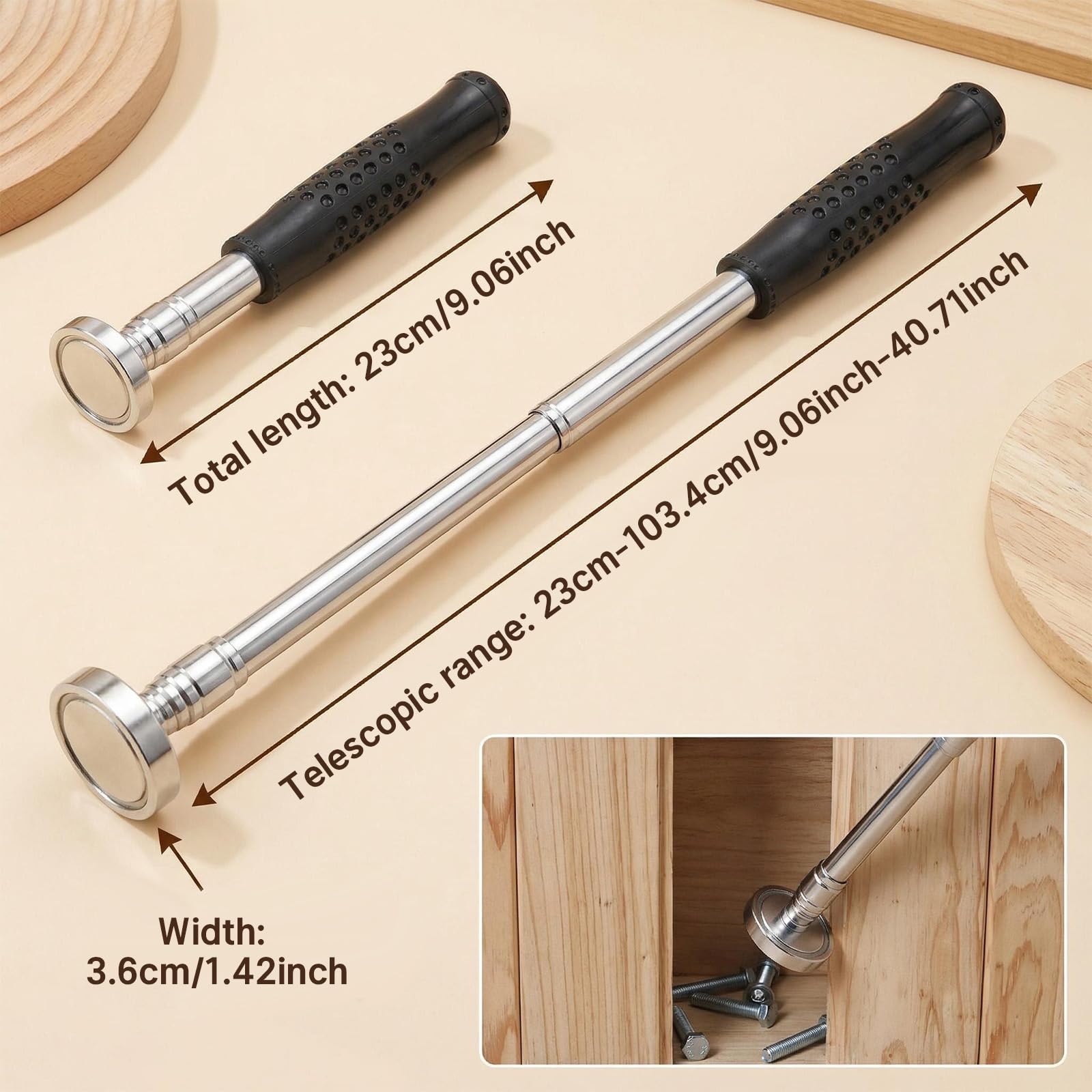 Herramienta de recogida magnética telescópica, alcance ajustable de 22 cm a 103,5 cm, carga máxima de 15,8 kg, ideal para recoger clavos, tornillos, tuercas y objetos metálicos pequeños