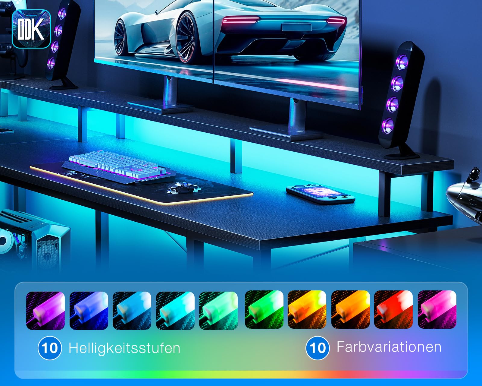 ODK Gaming Eckschreibtisch mit LED und Steckdose, 168×120 cm, Schwarz | Gaming Tisch mit Regal in L-Form, Schreibtisch mit Ablagefach & Stauraum, Reversibel, für Home Office & Wohnzimmer