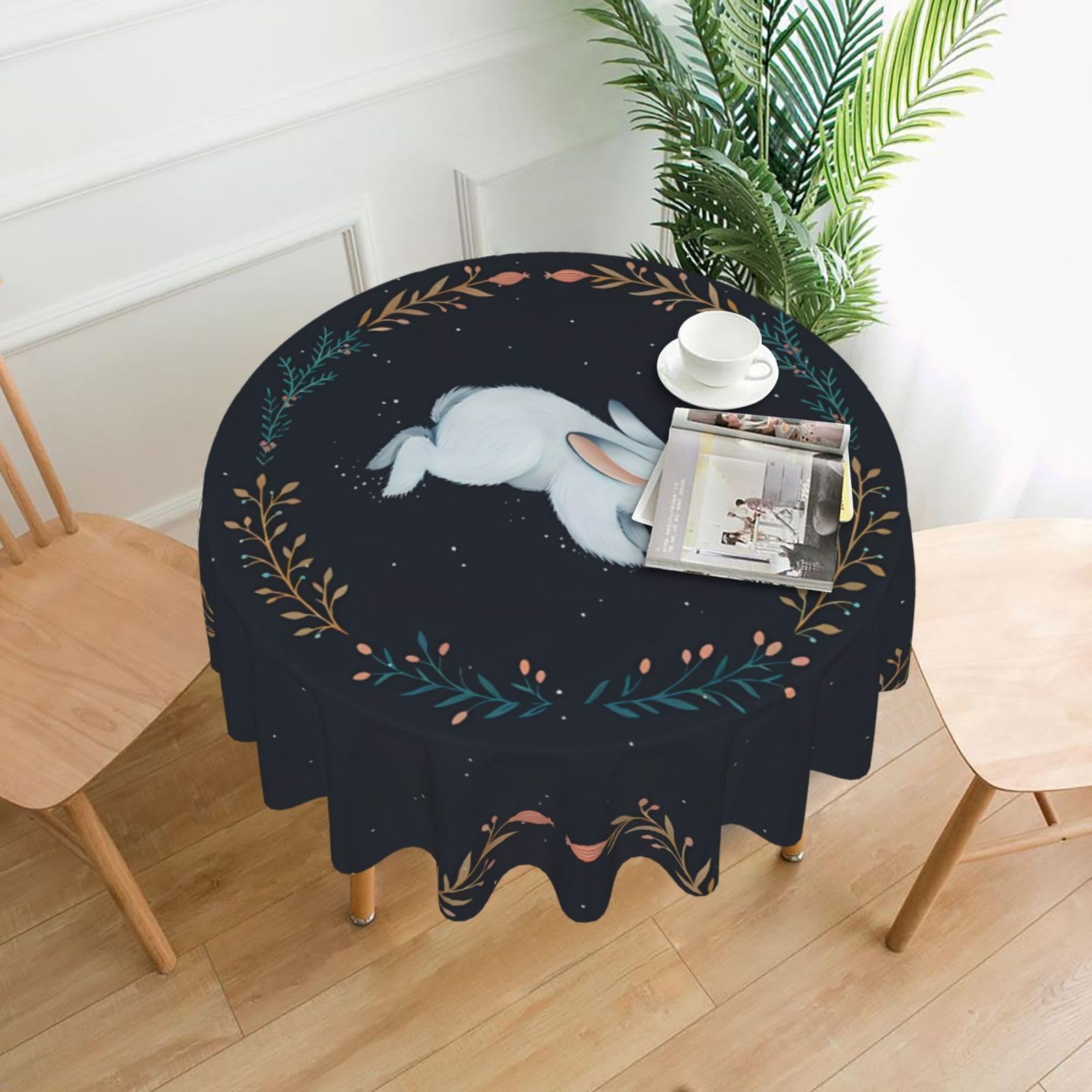WHJSHOP Cute White Rabbit Prints Round Table Throw 60 Inch – Waterproof Table Cover for Dining, Coffee Tables, Parties & More - Soft, Wrinkle-Resistant Table Layer