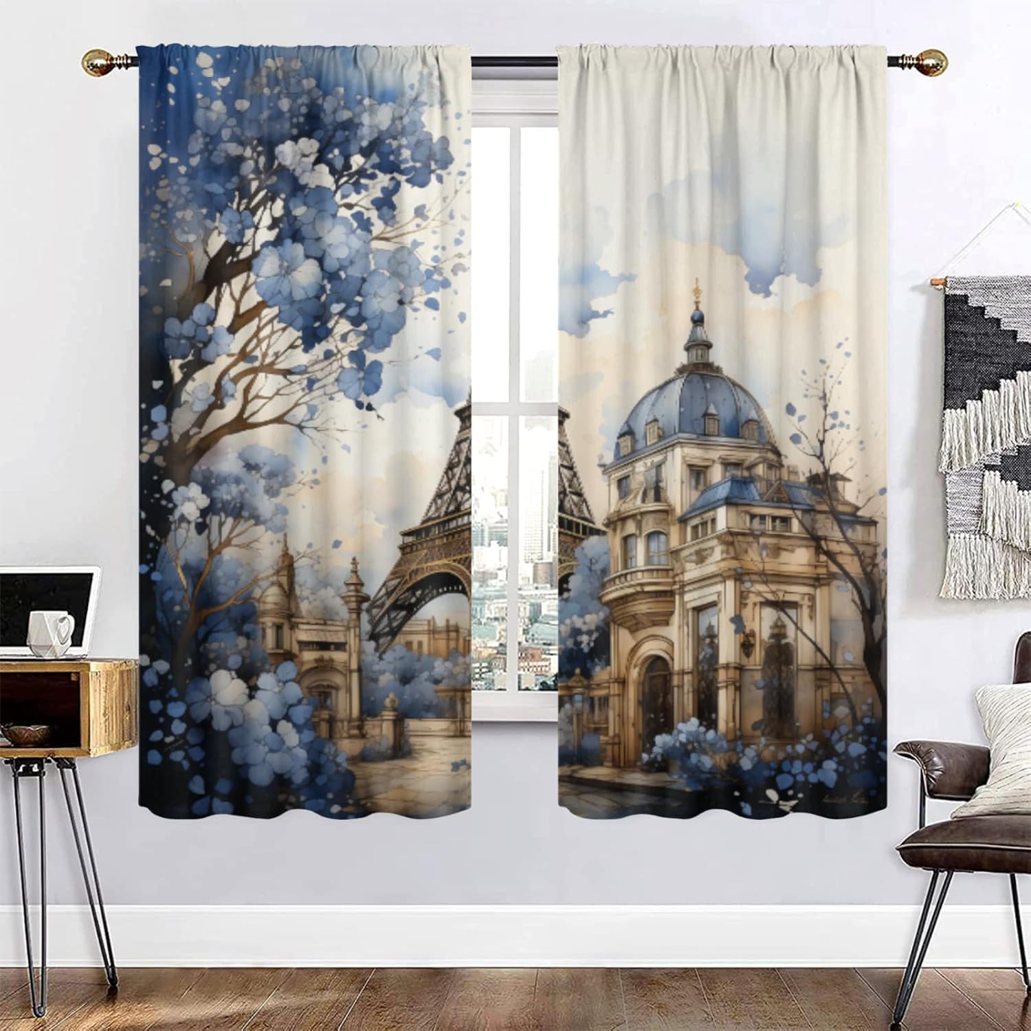 Paris Eiffel Tower, Blackout Curtain Panels Vintage French Landscape Yellow Scenery Rod Pocket Thermal Insulated Room Darkening Curtains for Living Room 42x54 Inch