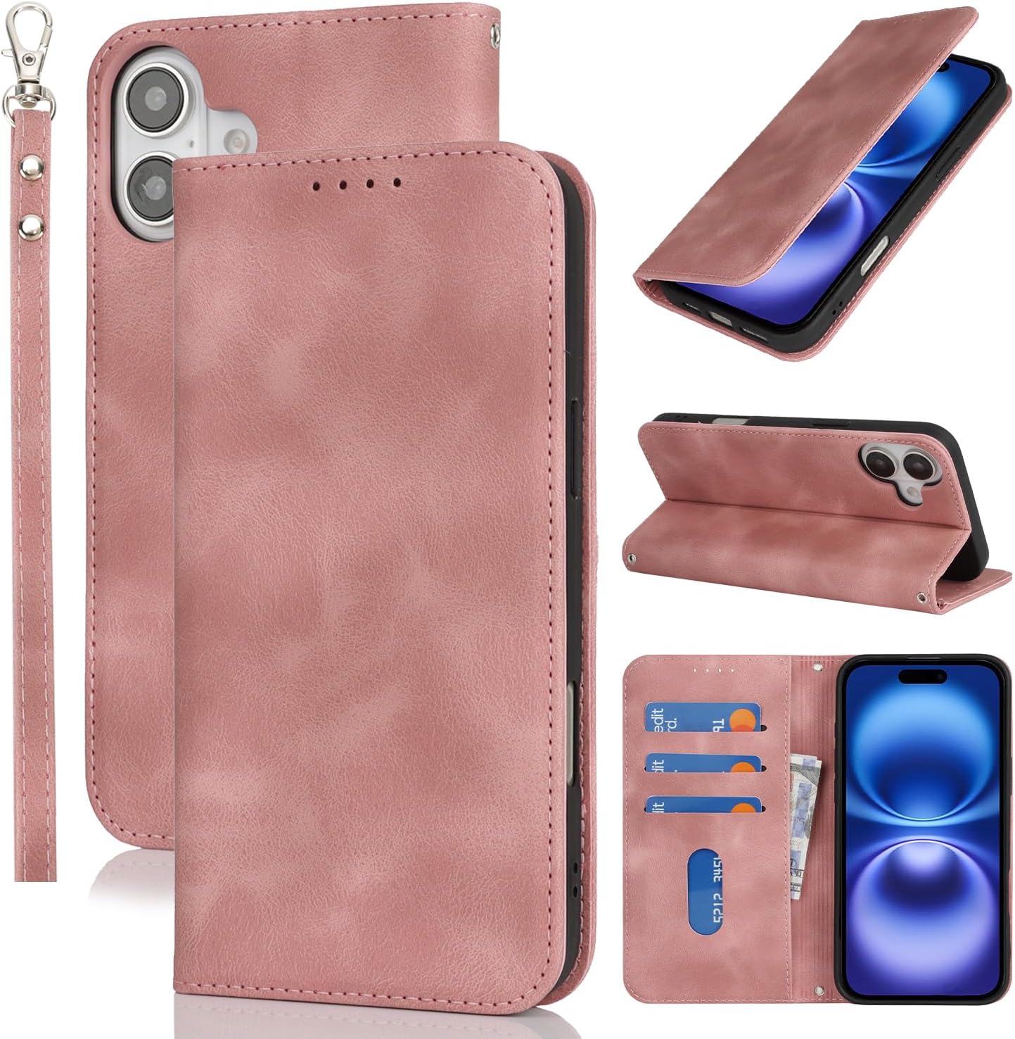 for iPhone 16 Wallet Case for Women,for iPhone 16 Case with Card Holder and Wrist Strap,PU Leather Shockproof Magnetic Kickstand Flip Phone Case-Pink