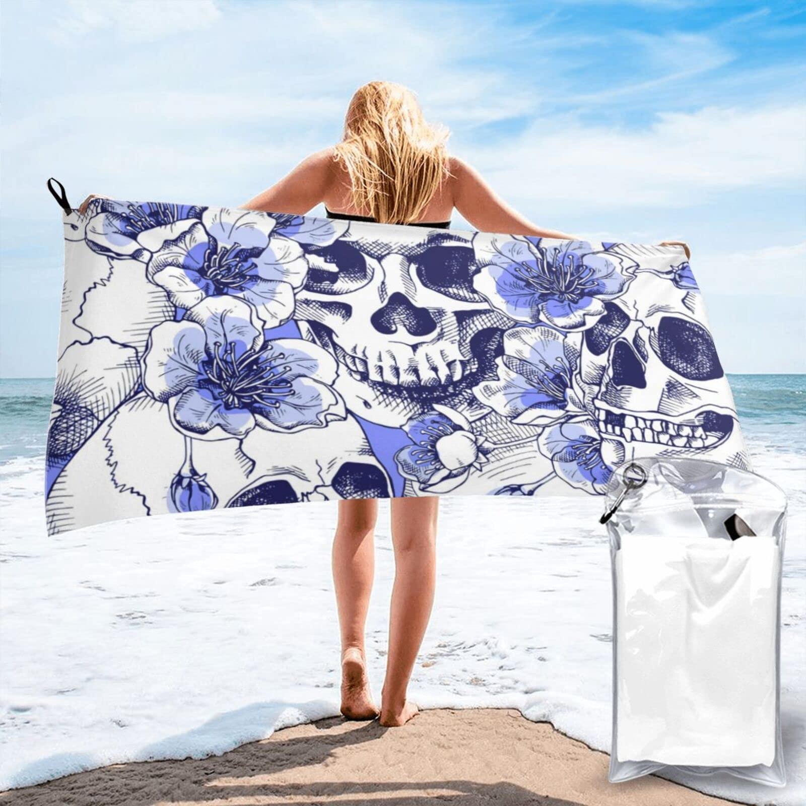 Lawenp Skull and Flowers Microfiber Beach Towel Adults Large Quick Drying Bath Towel Travel Towels with Pouch 27.5"x55"