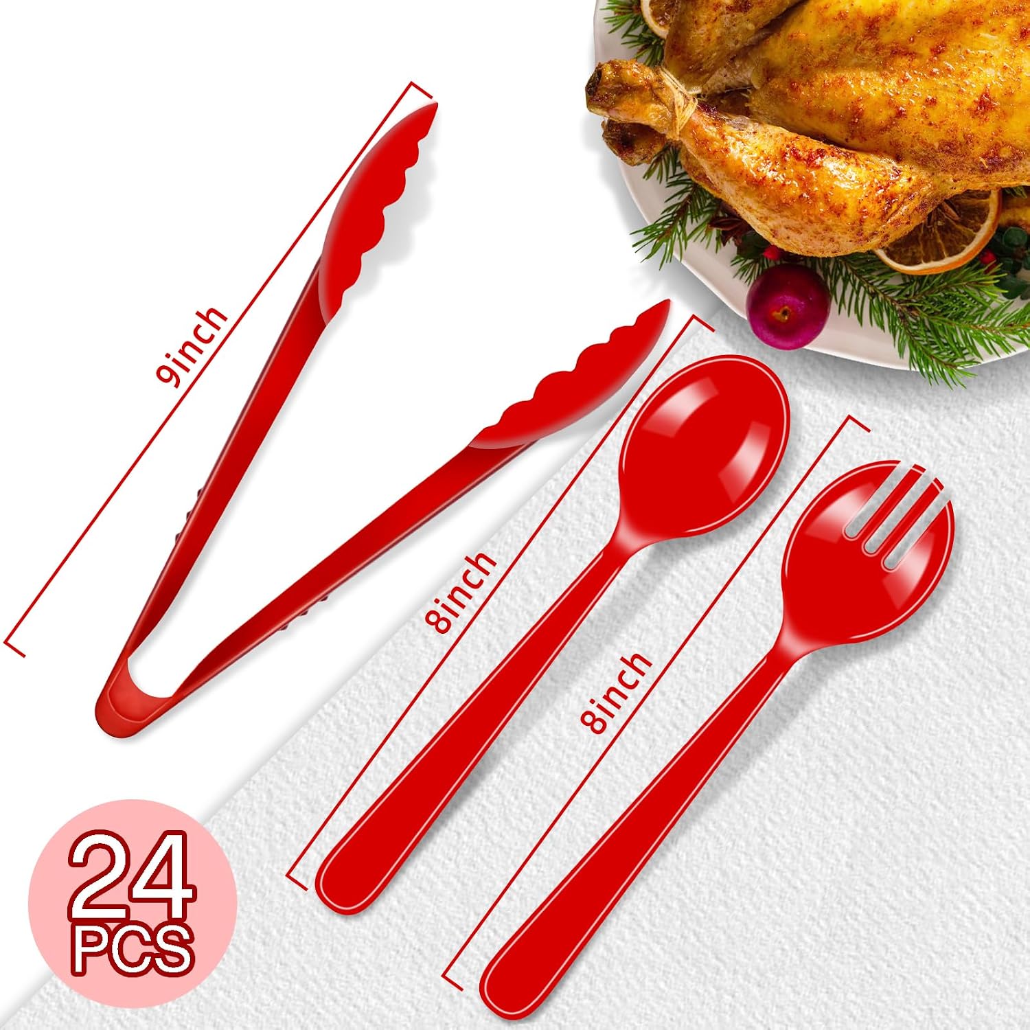 24 Pcs Red Plastic Serving Utensils Set, Disposable & Reusable Supplies