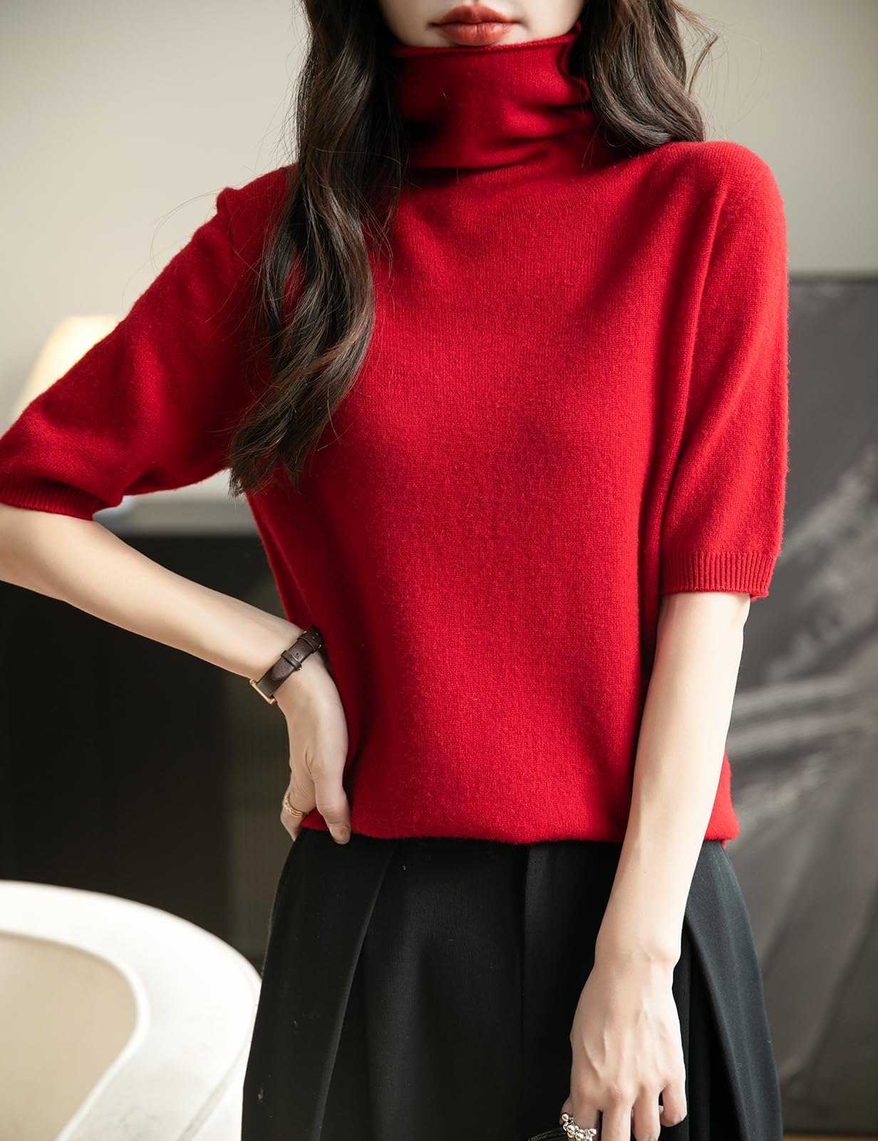 Chanyarn Femme 100% Lain Merino Manches Courtes Pull Col Roulé 2025 Printemps Été Hiver Doux Léger sans Couture Tricot Pull