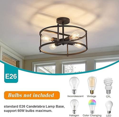 Miniatura 4 de Lámpara de techo industrial semiempotrada, lámpara de techo de metal rústico de 4 luces, candelabro negro para cocina, isla, comedor, pasillo,