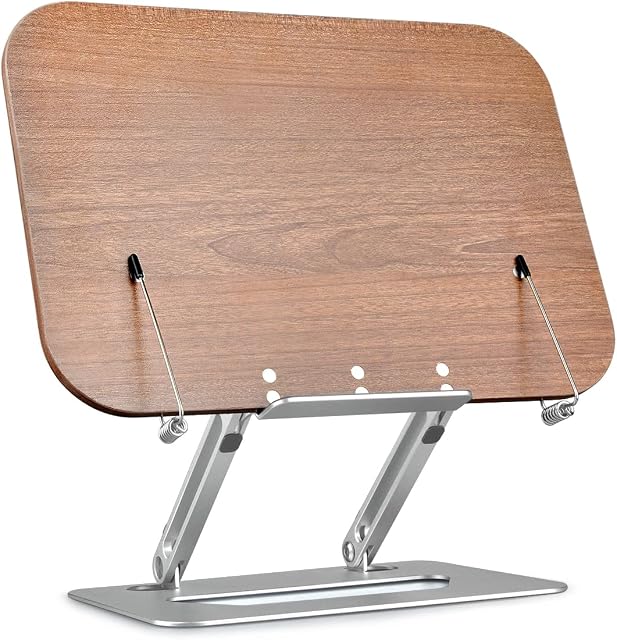 Book Holder Stand for Reading, Cook Recipe Wooden Book Stand Kitchen, Foldable Portable Metal Book Stand with Book Clip for Text Book A4 Paper, Height and Angle Adjustable