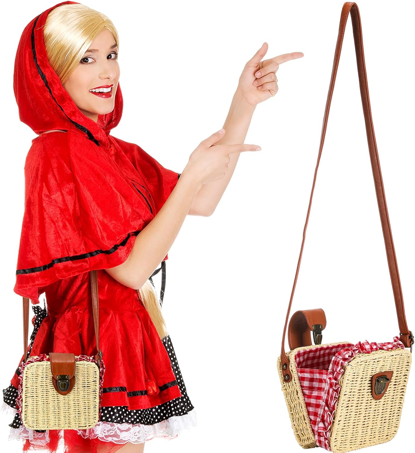 Abbylike Wicker Basket Crossbody Rattan Bag Clutch Gingham Picnic Basket Costume Accessory Women Boho Bag Clutch Woven Handbag Woven Straw Handbag for Halloween Costumes