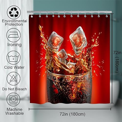 Miniatura 4 de Cortina de ducha de bebidas heladas, juego de decoración de baño con ojales y ganchos, 72 pulgadas de ancho x 72 pulgadas de alto, rojo y negro