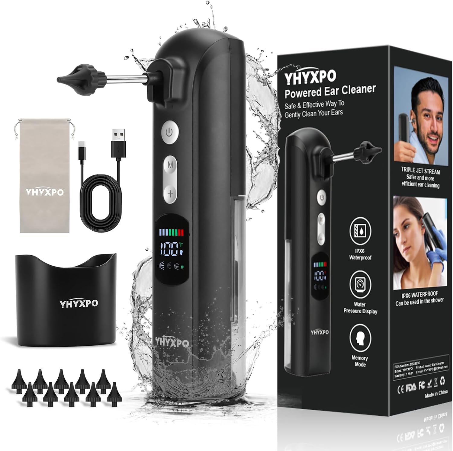 Electric Ear Wax Removal Kit - Water Powered Ear Cleaner with Smart Display and IPX6 Waterproof - Safe and Effective Ear Irrigation Flushing System with 8 Pressure Modes for Adults and Kids