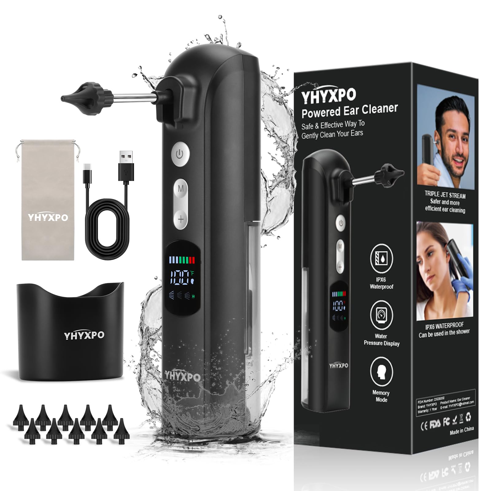 Electric Ear Wax Removal Kit - Water Powered Ear Cleaner with Smart Display and IPX6 Waterproof - Safe and Effective Ear Irrigation Flushing System with 8 Pressure Modes for Adults and Kids