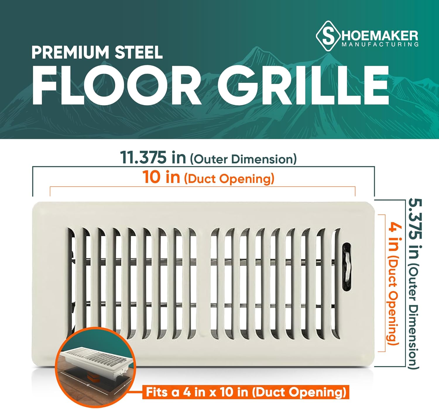 Shoemaker 4x10 Floor Register – Khaki Light Heavy Duty Metal Floor Vent Cover for Home Floors - Premium Forced Air Vent Covers