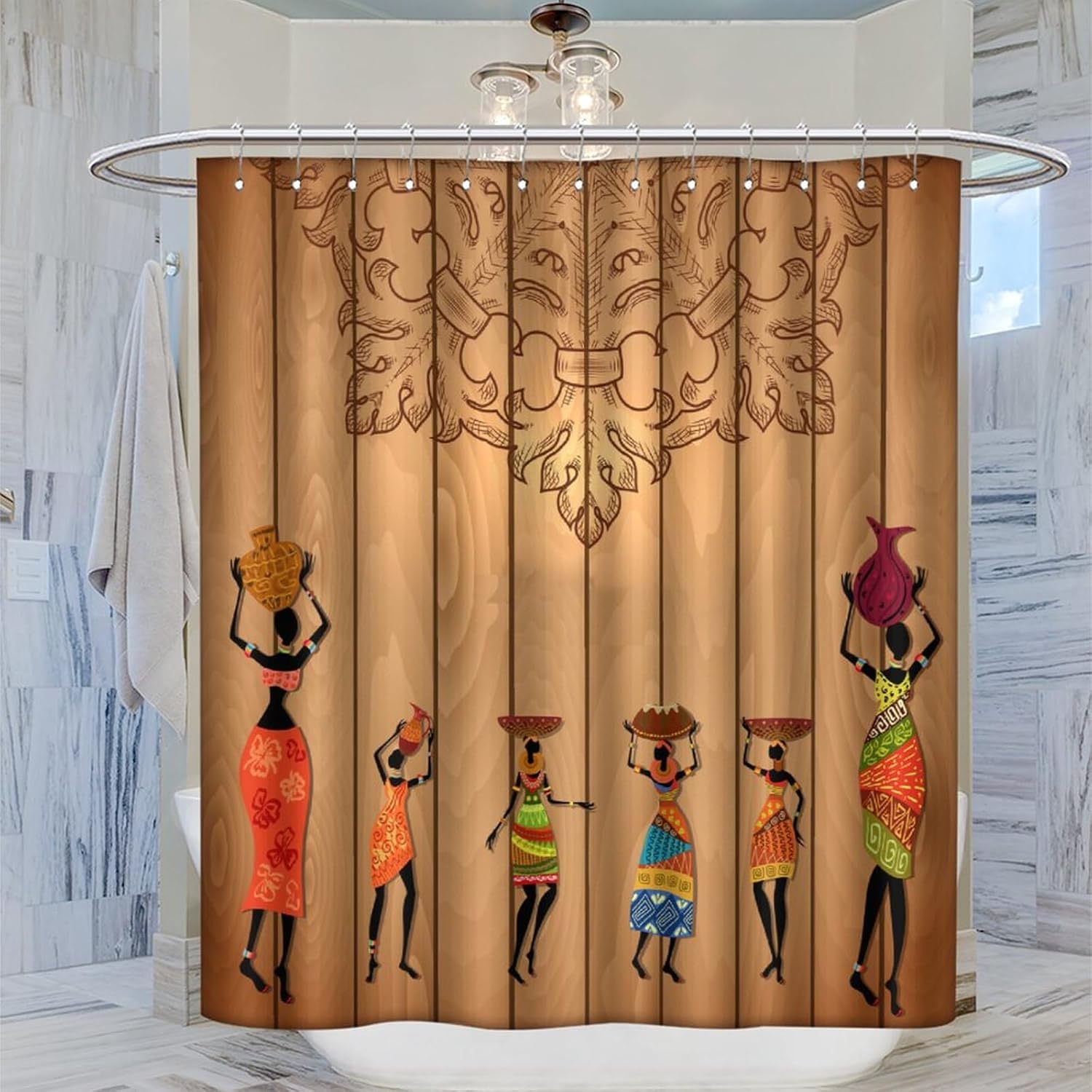 Africa Tribal Shower Curtain Wood Texture African Woman Ethnic Style Shower Curtain for Bathroom Decor Fabric Waterproof Upholstery Hook 66x72 Inches