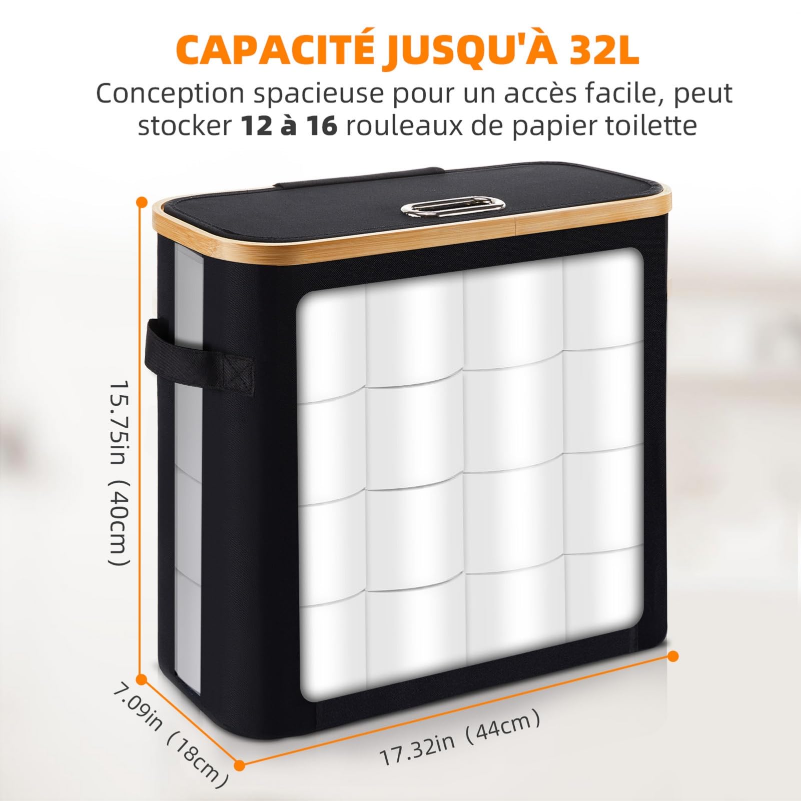 OUSFOT Rangement Papier Toilette, 32L Boite Range Papier Toilette Panier Papier Bambou Peut Contenir 12 Rouleaux de Convient aux Toilettes et aux Douches