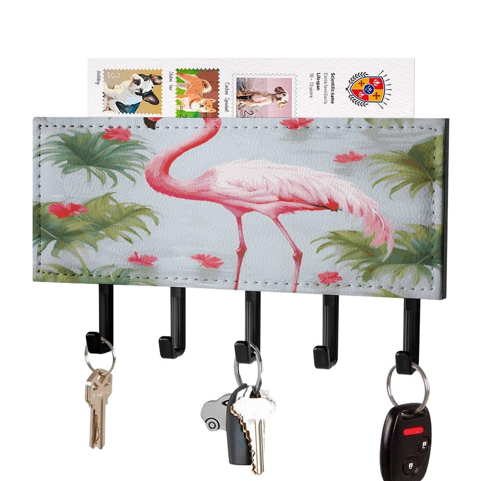 Vstadank Black-Style White Flamingo Key Holder For Wall Mount With 5 Hooks Decorative Key And Mail Holder Farmhouse Wall Hooks With Shelf Pu Leather Key Rack With Mail Holders For Entryway Home