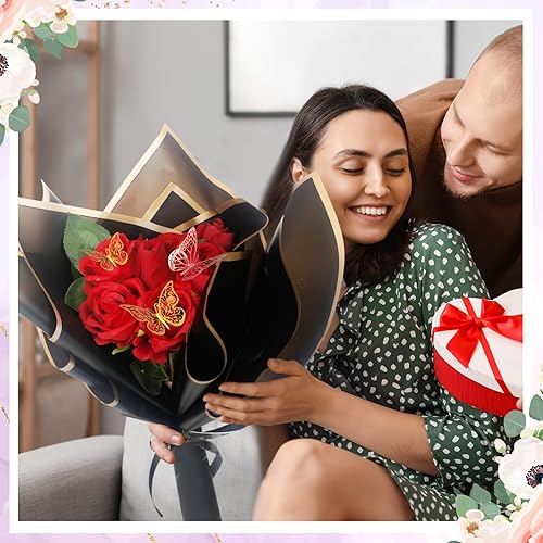 Miniatura 4 de Qilery 243 piezas de papel de regalo para ramo de flores, impermeable, suministros de floristería con decoración de mariposas, coronas, cintas,