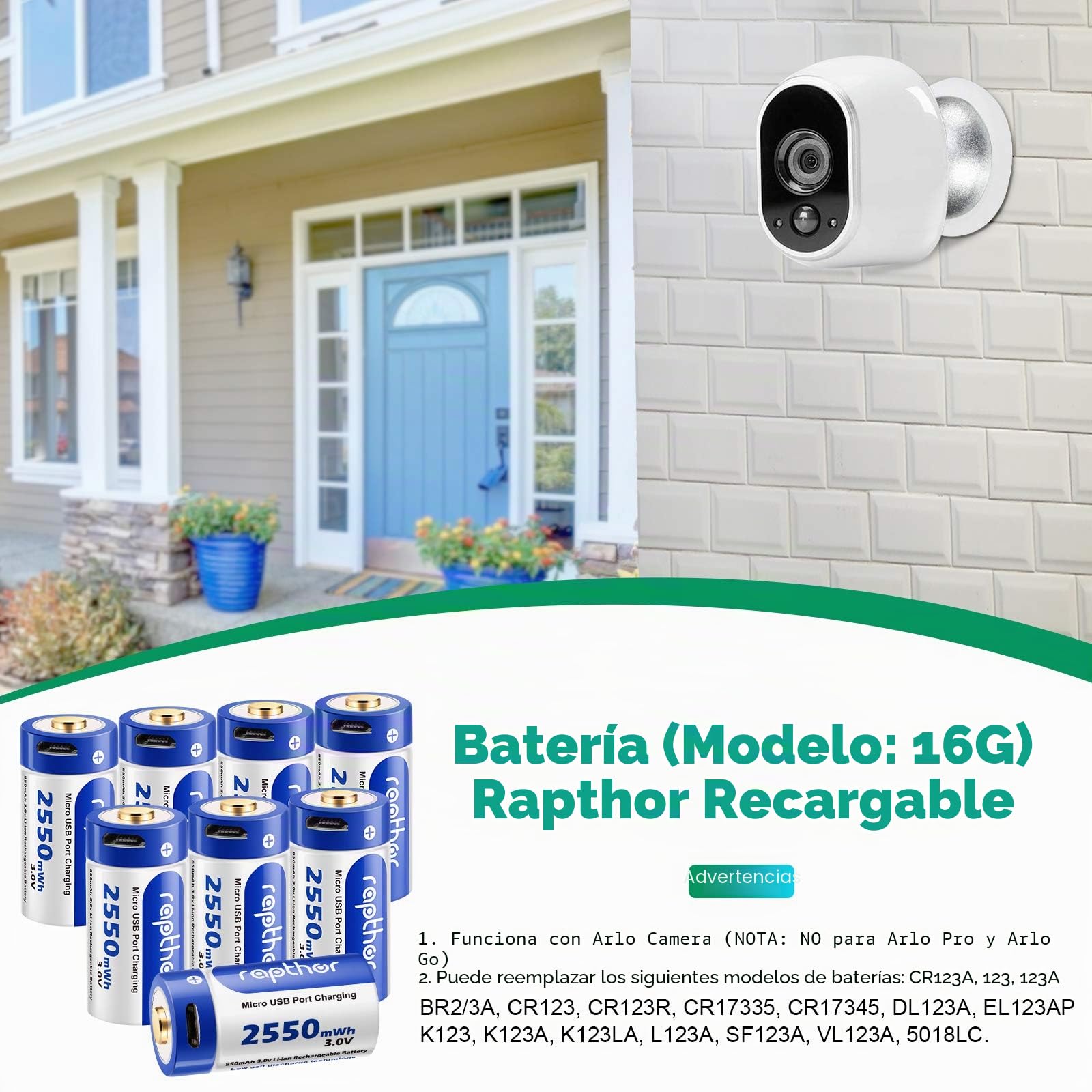 Rapthor USB Baterías Recargables 850mAh Compatible con Arlo Wireless Security Camera 3V Batería de Litio con Cargador (8pcs) (8)