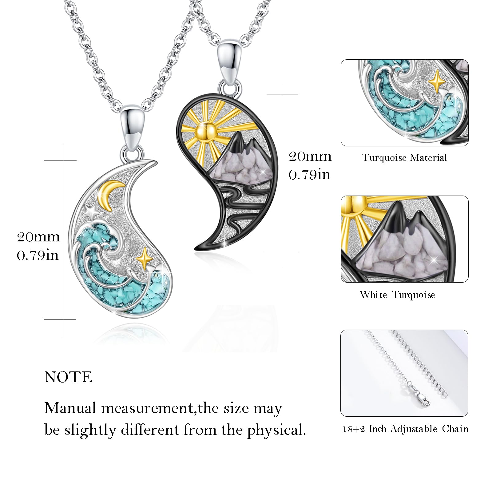 REDSUN Yin Yang Halskette 925 Sterling Silber Berg Sonne Anhänger Halskette für Paar BFF Kette 2ps Freundschaftskette Schmuck Geschenke für Damen Herren Couple Tochter （Türkis2）