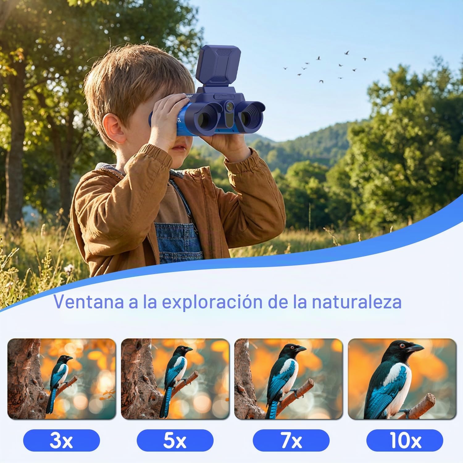 Prismáticos Niños con Zoom Óptico 10x y Cámara - Fotos 48 MP y Video 1080P, Visión Nocturna 25m, Aptos a Partir de 3 Años, Ideales para Observación de Animales y Naturaleza | Azul Oscuro