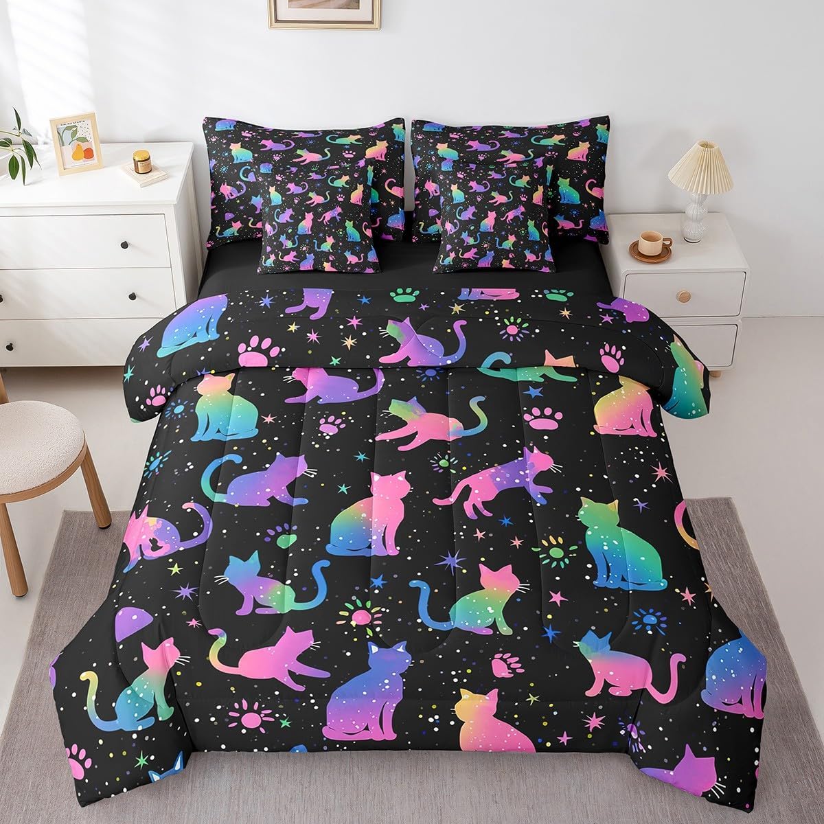 Erosebridal Kawaii Cat Queen Comforter Set 7-Piece for Boys Girls Cute Kitten Animal Bedding Comforter Sets, Black and Pink Bed in a Bag Super Cozy 7 Pieces