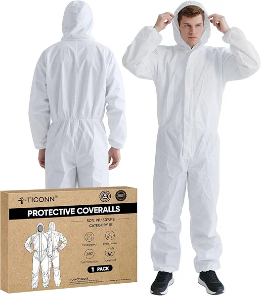 TICONN Hazmat Suit Disposable Coveralls, Full Body Protective Lab Coveralls, Breathable Paint Suit for Men Women
