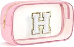 Initial Clear Makeup Bag - Make Up Bag Travel Toiletry Case Preppy Cosmetic Bags Organizer Gifts for Women Valentines Day Brithday Gift Mom Girl Gifts Clear Toiletry Bag (Pink N)