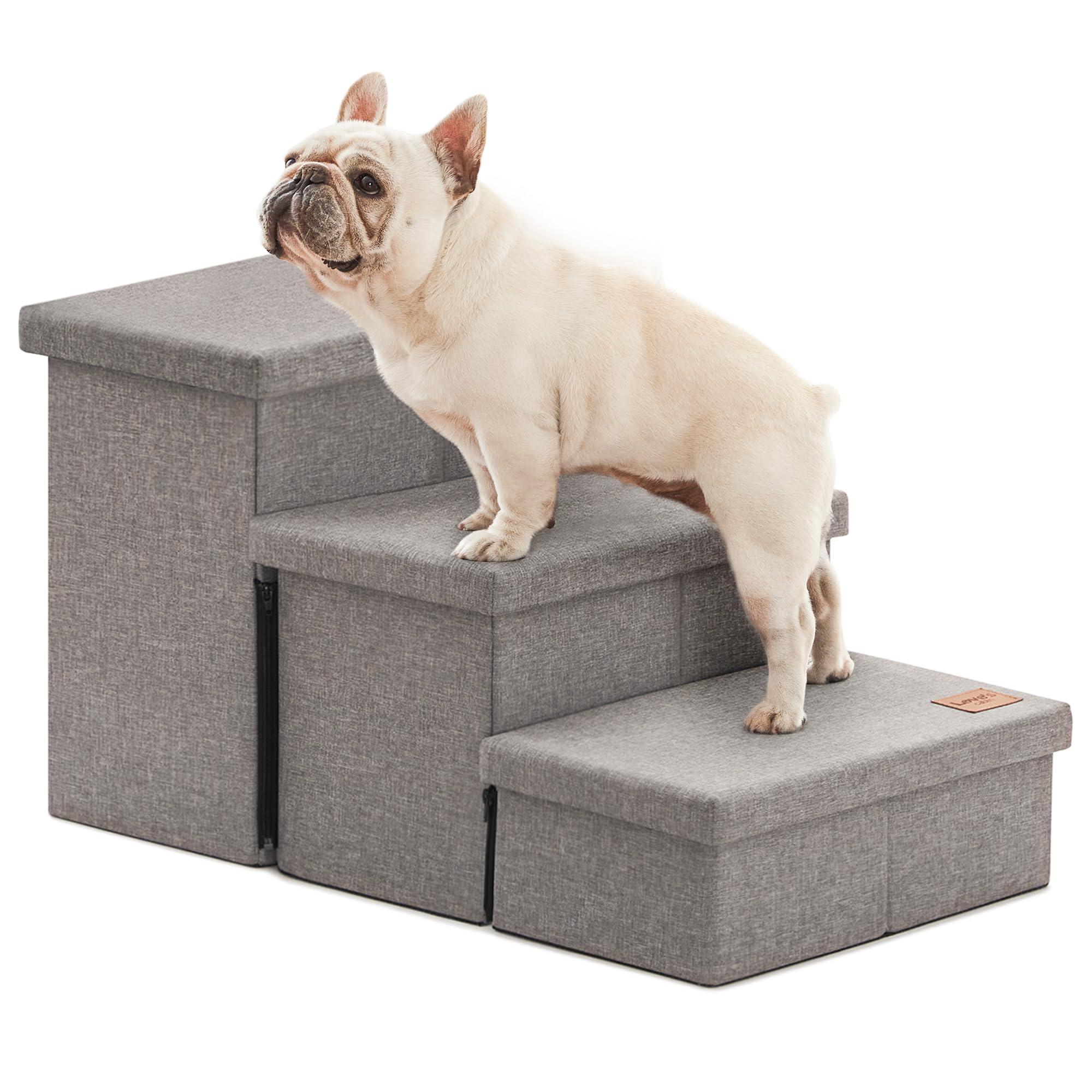love's cabin dog stairs for high bed 18"h,foldable pet stairs for small medium or large dogs puppy with storage for bed or couch, cat dog steps ramp with zip up to 200 lbs(solid grey,3 steps no condo)