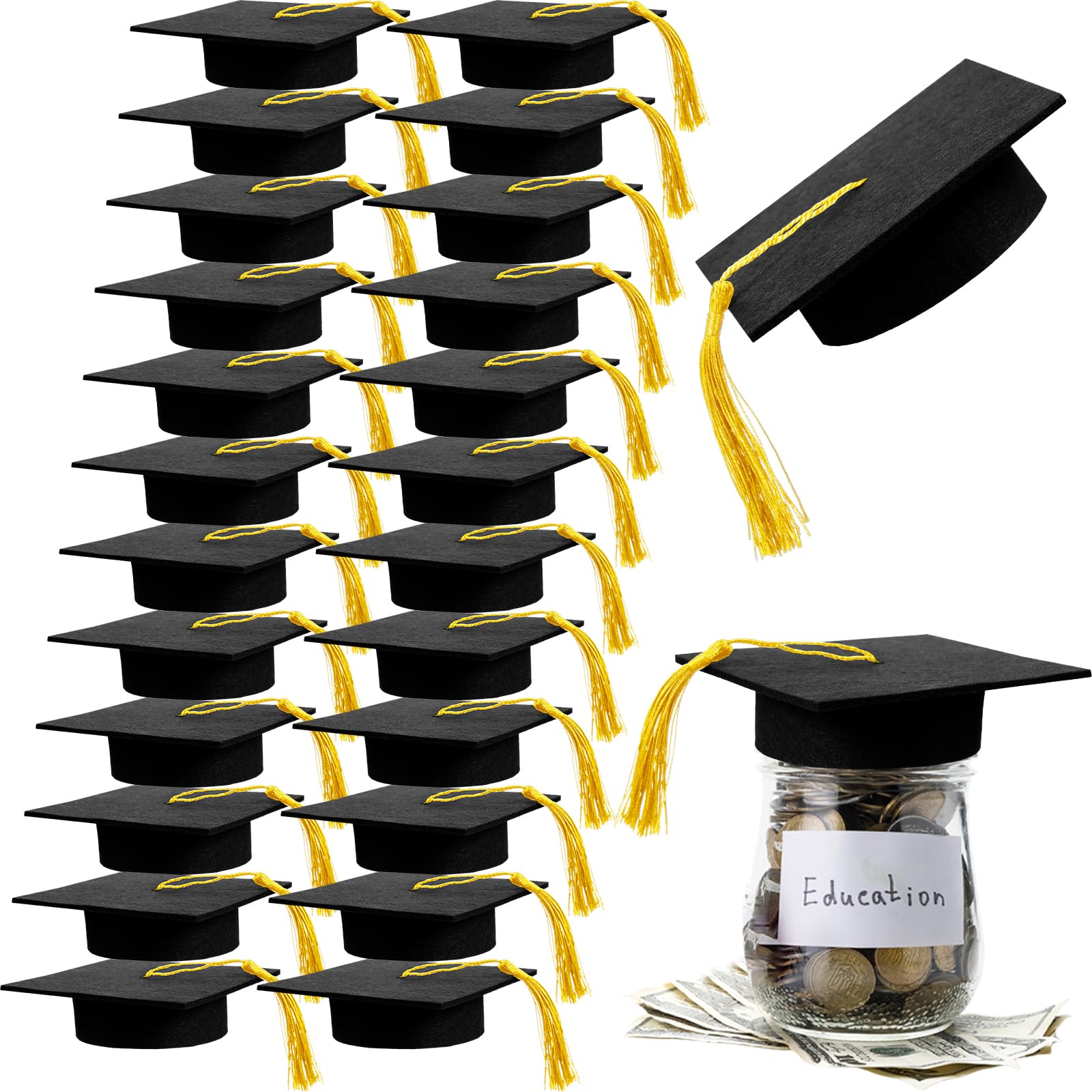 Mindsoft 24 Pcs Graduation Cap Mason Jar Lid with Tassels 4.2 Inches Grad Hat Decor Large Mason Box Toppers for Graduation Party Table Decorations (Black Hat with Golden Tassel)