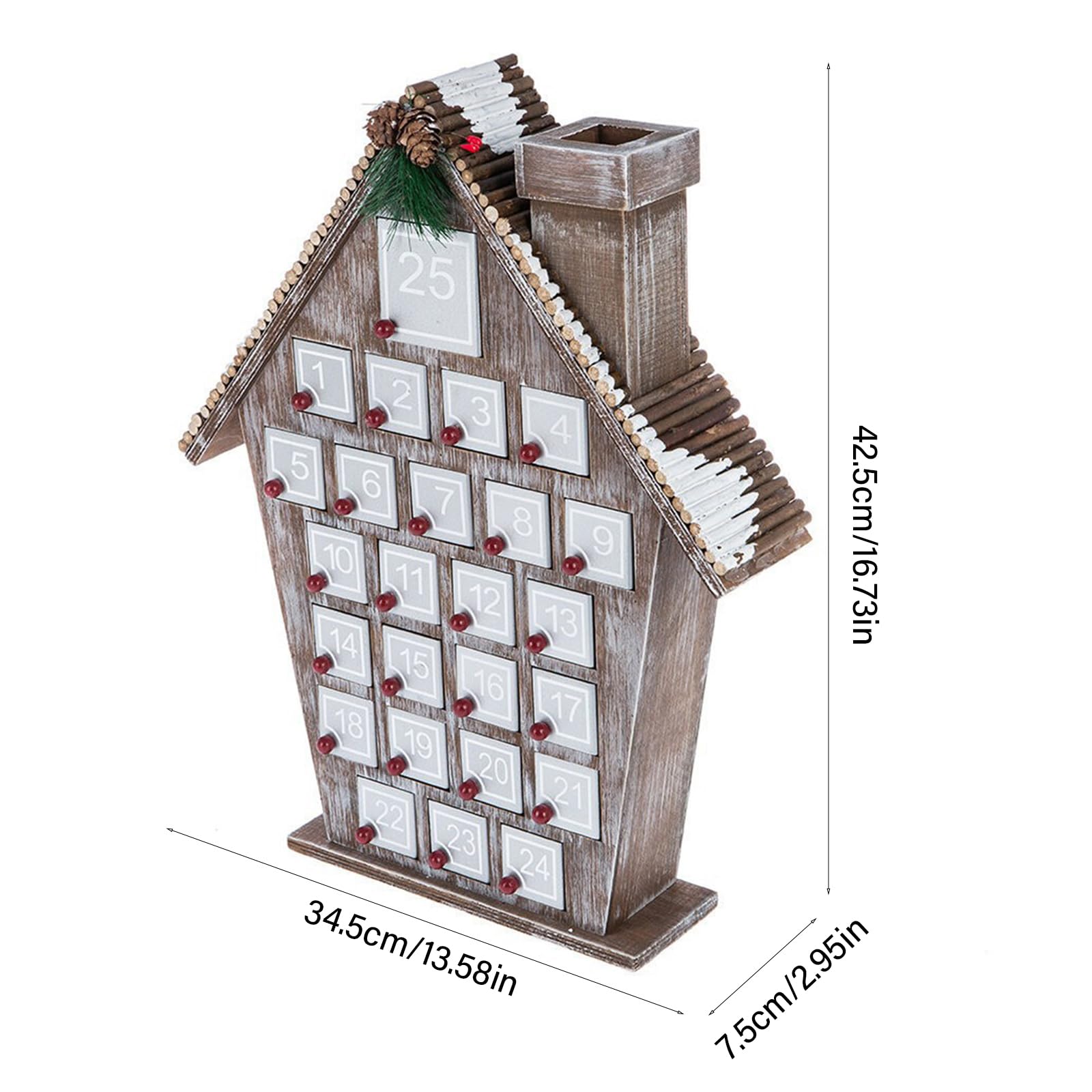 Calendario de Adviento de madera de cuenta regresiva de Navidad, calendario de Adviento único de casas de madera con piñas
