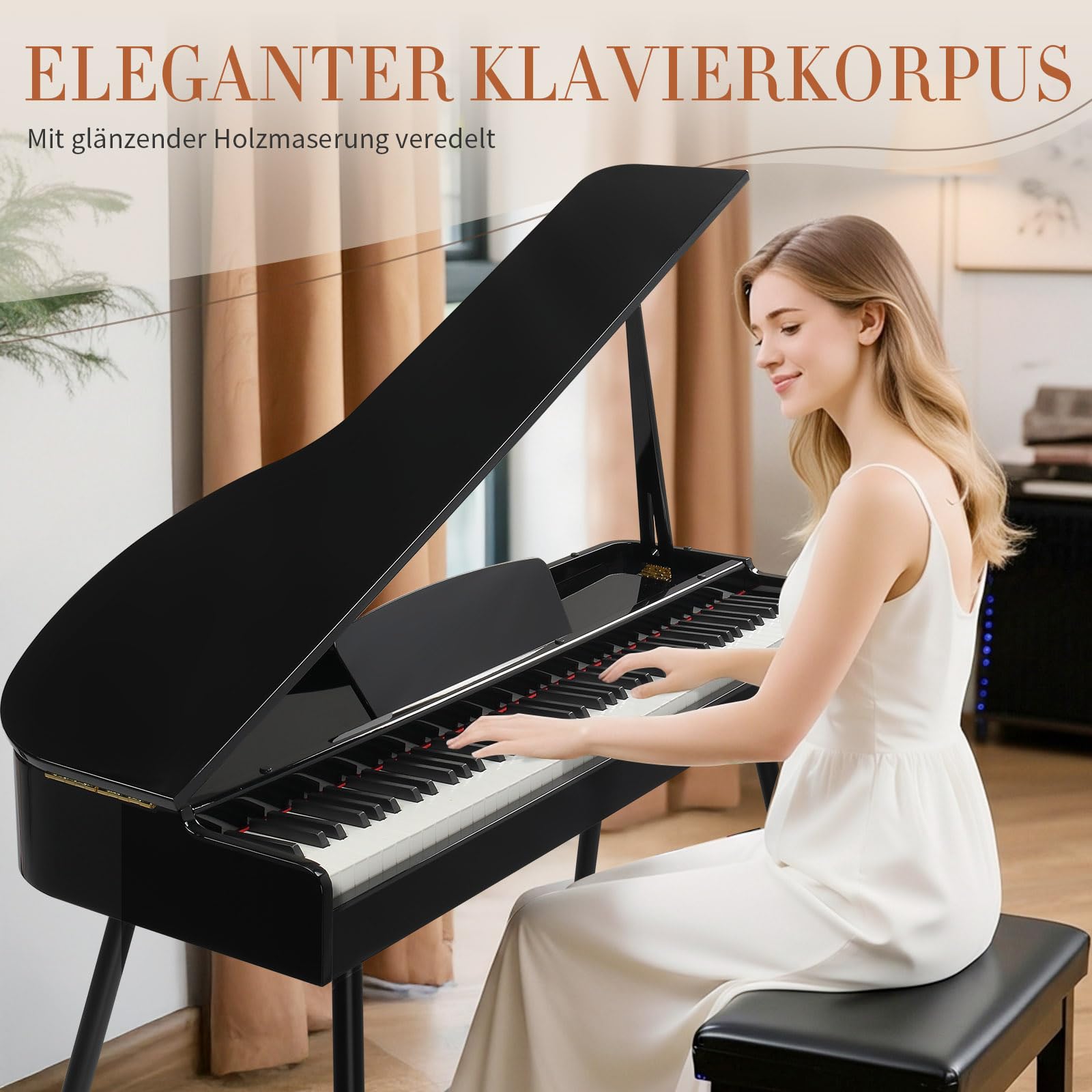 LEADZM Grand Piano, pianoforte digitale con 88 tastiera ponderata e finitura lucida, coperchio pieghevole, suono a 4 altoparlanti, Bluetooth MIDI/audio, nero