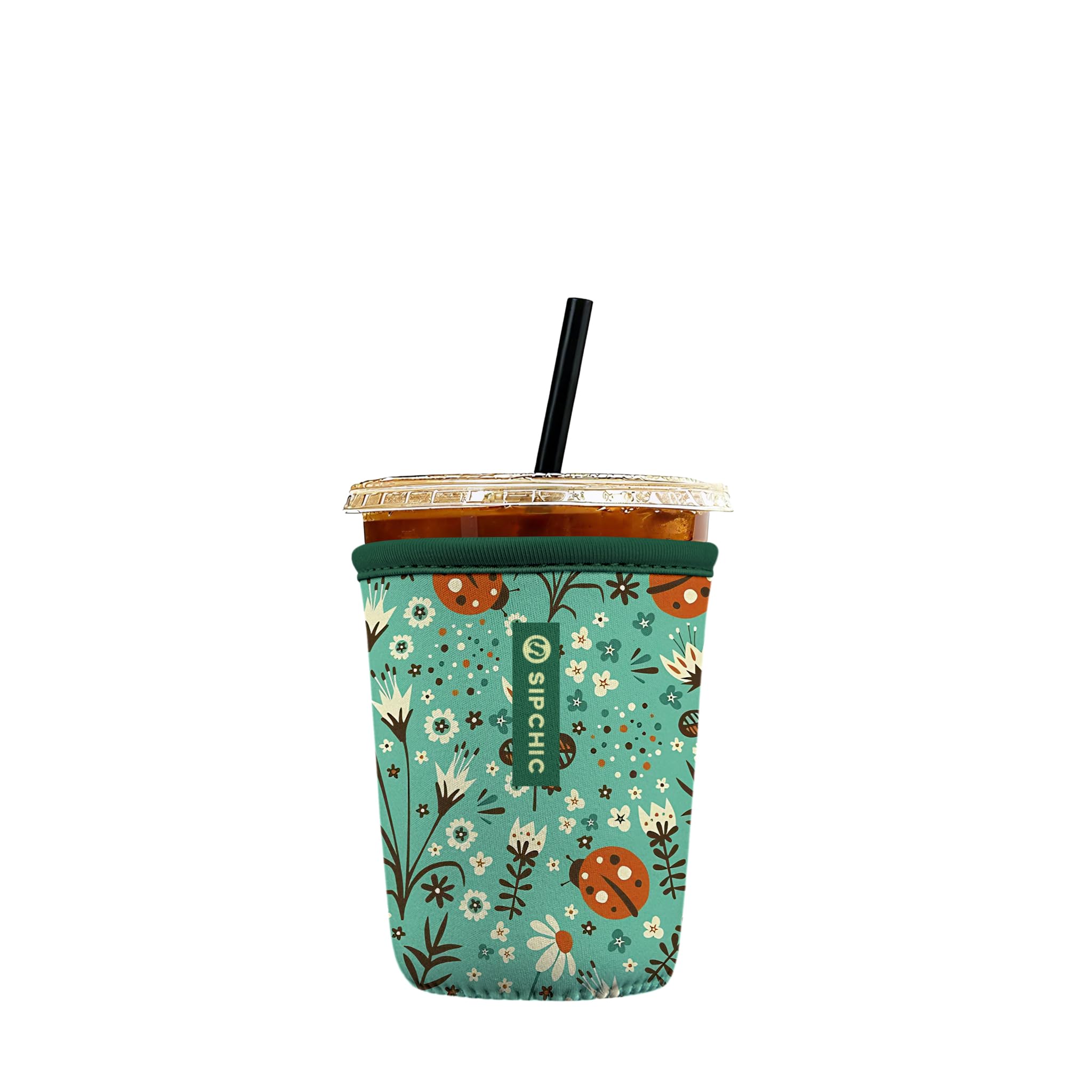 Iced Coffee Sleeve – Neoprene Reusable Cup Sleeves for Drinks, Insulated Drink Sleeves to Keep Hands Dry &amp; Drinks Cold, Stylish &amp; Durable Coffee Sleeves (Ladybug Meadow, Small: 16-20oz)
