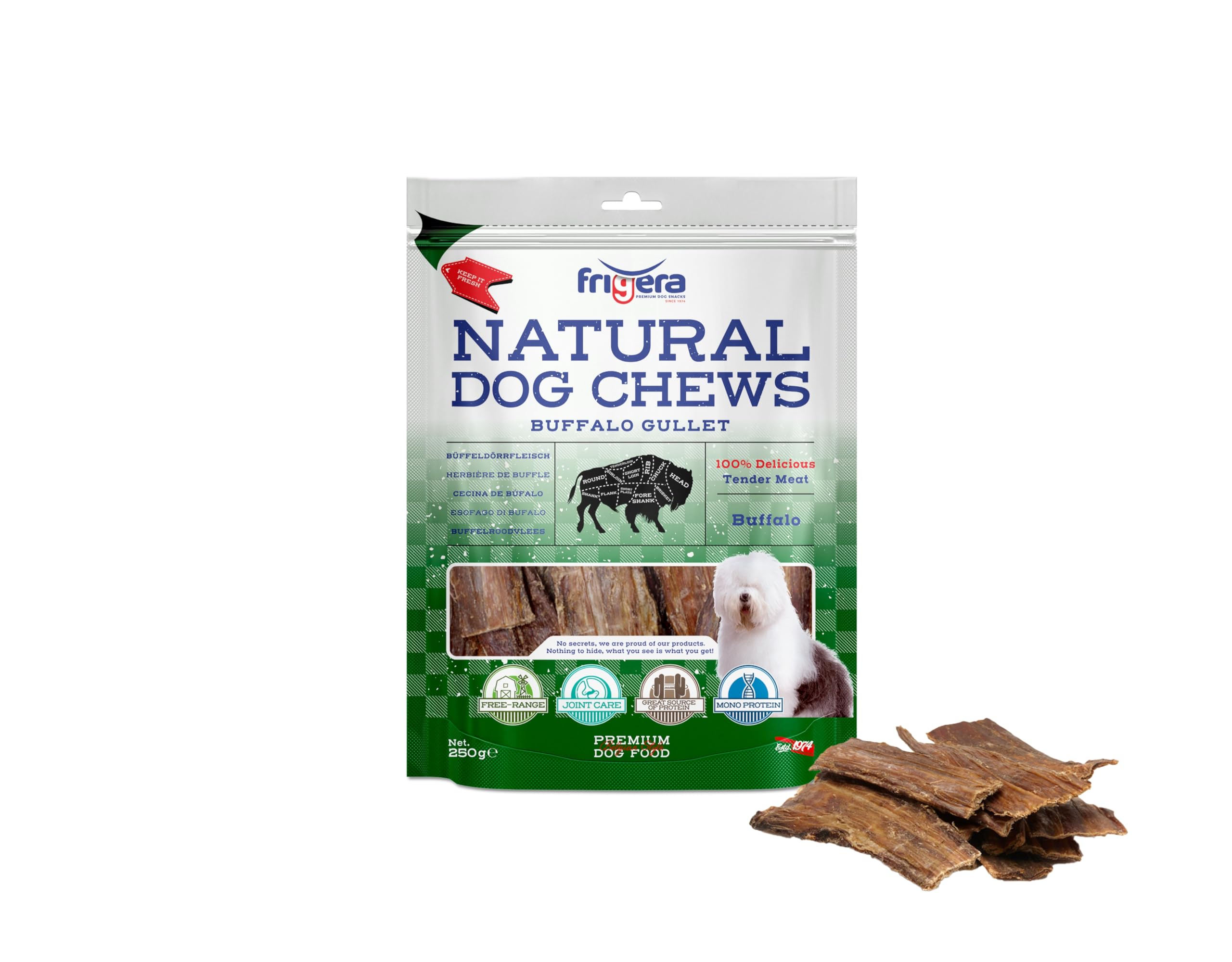 Frigera Buffalo gullet 250g – Natural dog snacks, Protein-rich, Gluten- and Grainfree, Perfect for training