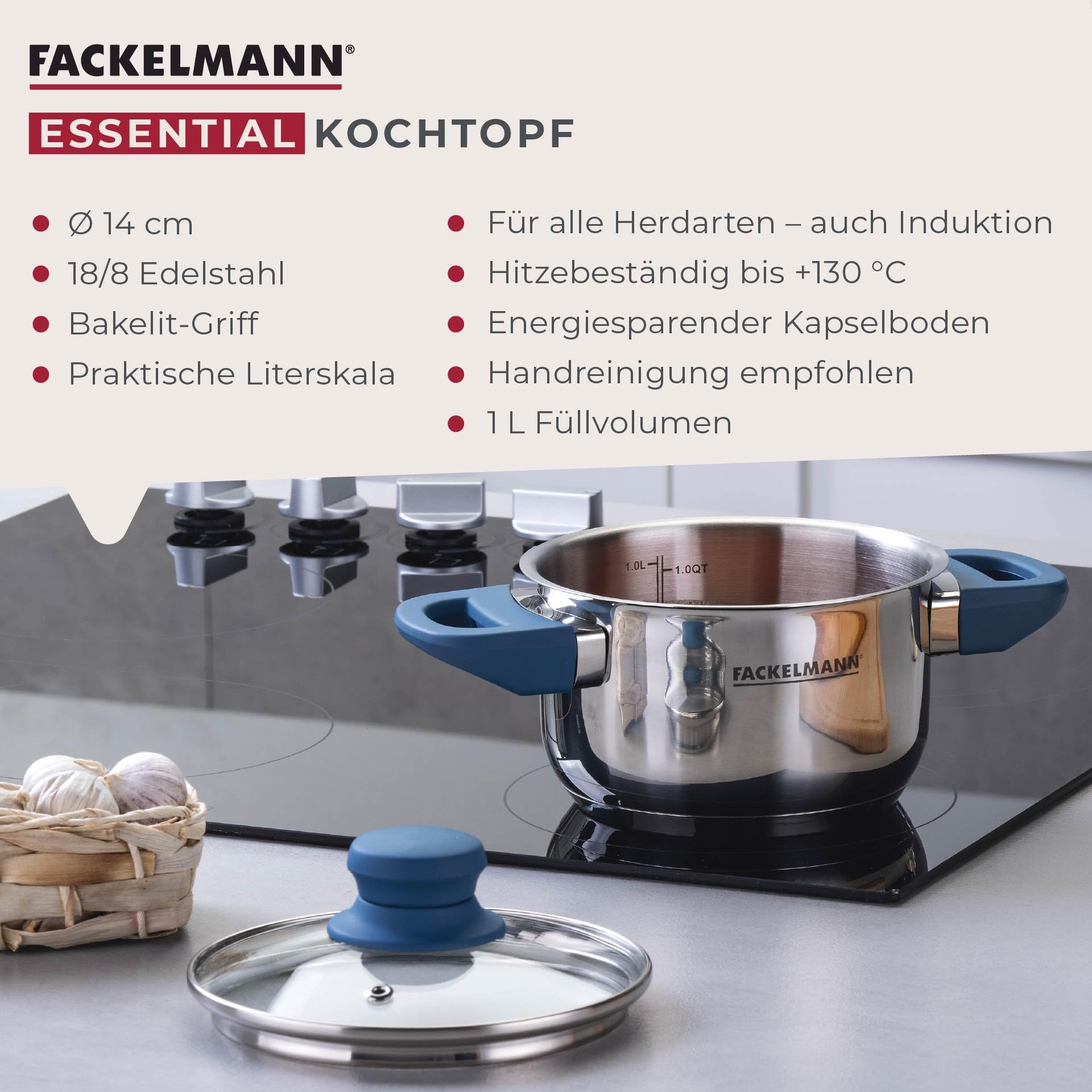 FACKELMANN Garnek Essential średnica 14 cm ze stali nierdzewnej, ciemnoniebieskie uchwyty bakelitowe, energooszczędne dno kapsułki, w zestawie szklana pokrywka