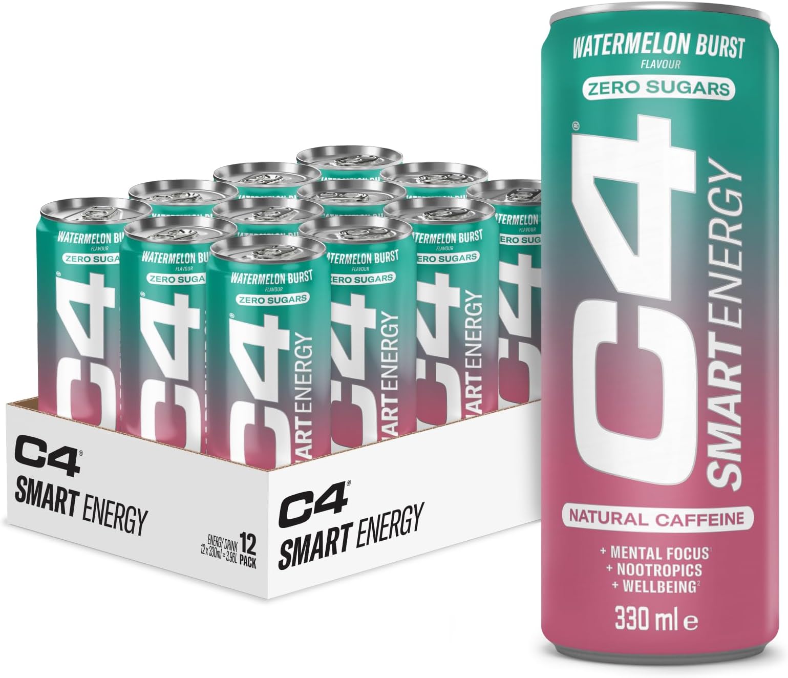 C4 Smart Energy Drinks Watermelon Burst 330ml (12 pack) | Sugar Free Energy Drink with 106mg Natural Caffeine, Brainberry, Nootropics, Vitamin C | Natural Energy Drink for Mental Focus On the Go