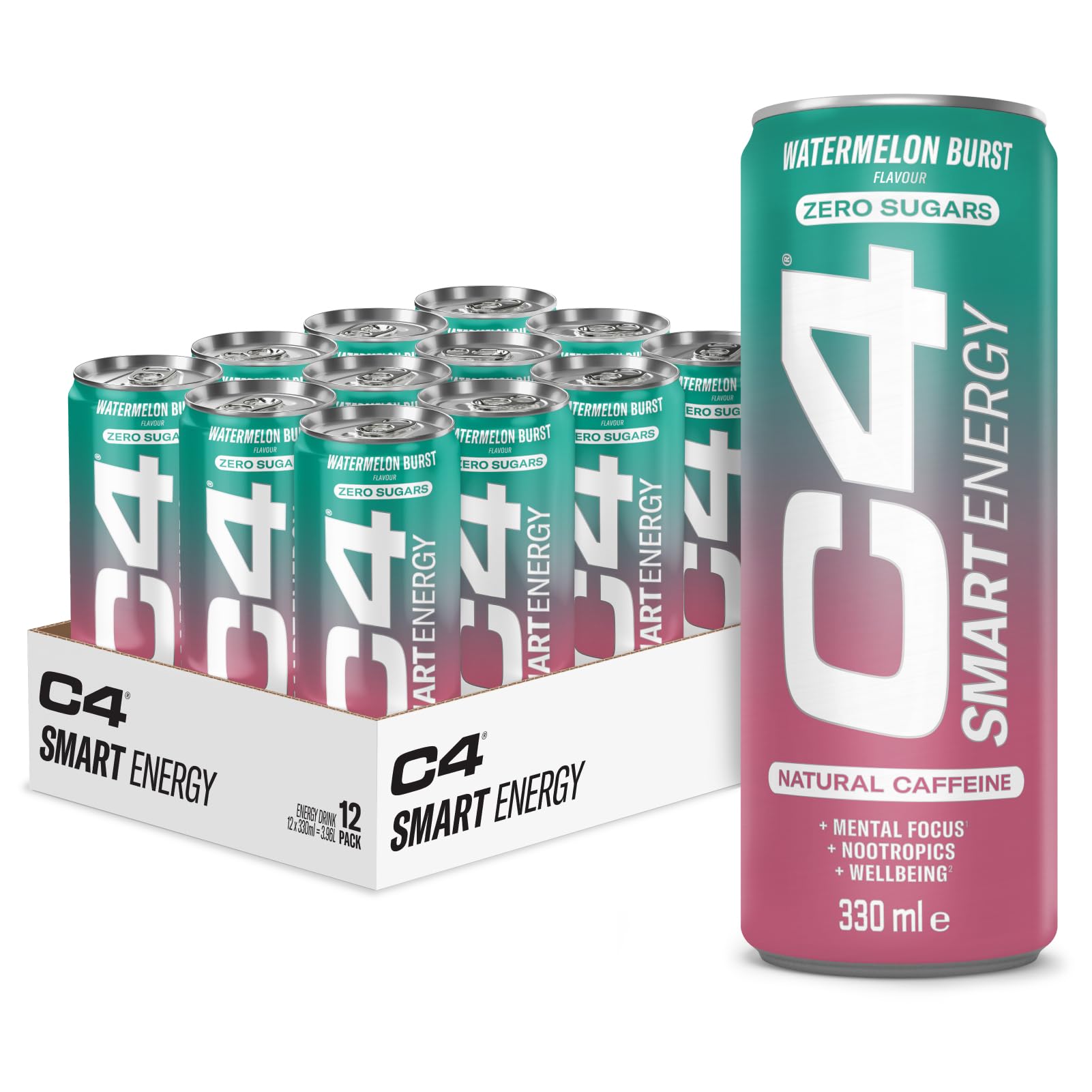 C4 Smart Energy Drinks Watermelon Burst 330ml (12 pack) | Sugar Free Energy Drink with 106mg Natural Caffeine, Brainberry, Nootropics, Vitamin C | Natural Energy Drink for Mental Focus On the Go
