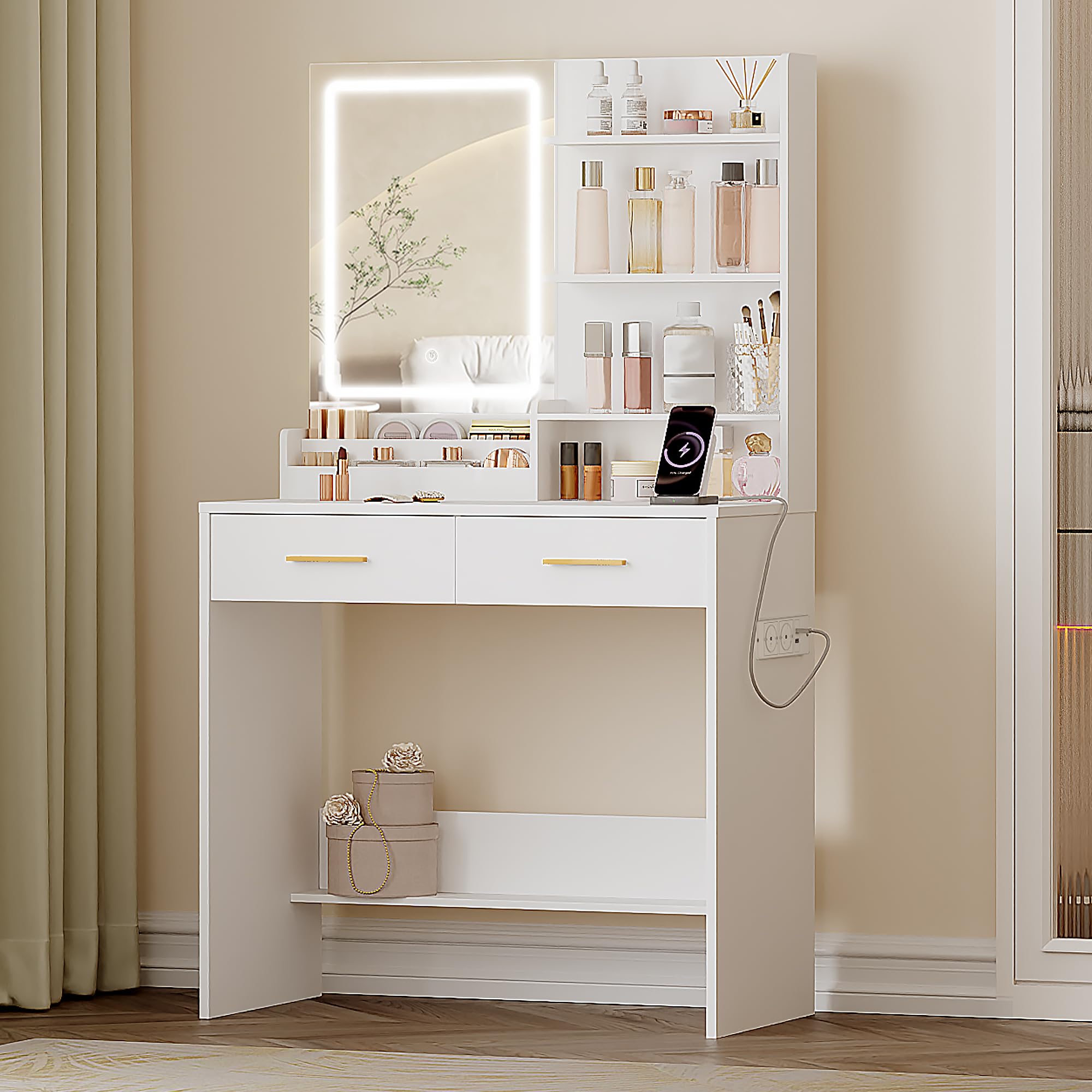 Hzuaneri Tocador de Maquillaje, con Espejo y luz LED Regulable, 2 Tomas y 2 Puertos de USB, con 2 Cajones y 4 Estantes Abiertos, Compartimento Organizador, Estilo Moderno, Blanco VT32003X