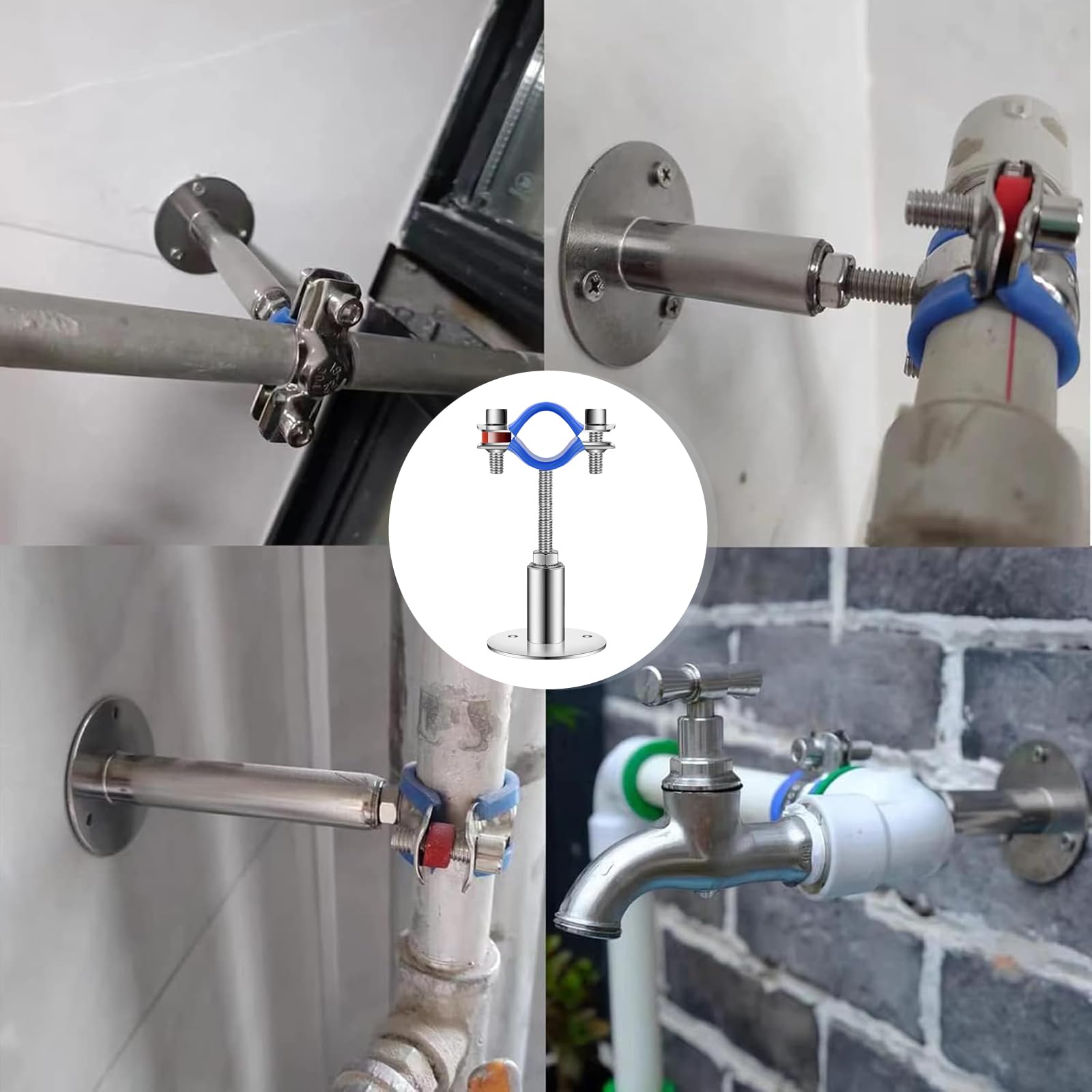 Lot de 4 Supports de Tuyaux Réglables en Acier Inoxydable 304 | Hauteur Ajustable 50-100mm - Montage Mural/Plafond avec Coussinets Antivibration - Pour Tuyaux Ø25-27mm - Fourni avec Vis