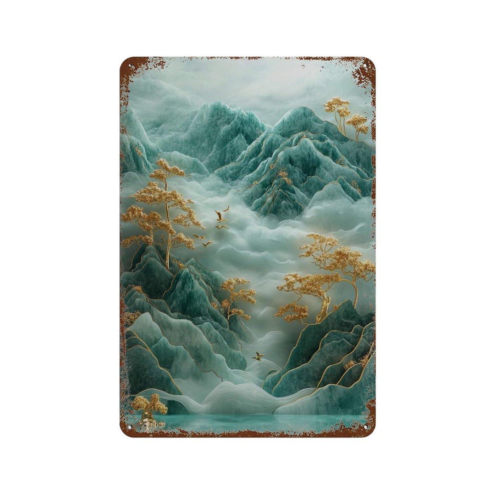 xiaoxiaoshen Misty Jade Mountains Asian Landscape Serene Chinese Mountain Wall Decor Art Metal Tin Poster Modern Home Decor Art Home Bar Shop Decorations Vintage Sign 30x20cm