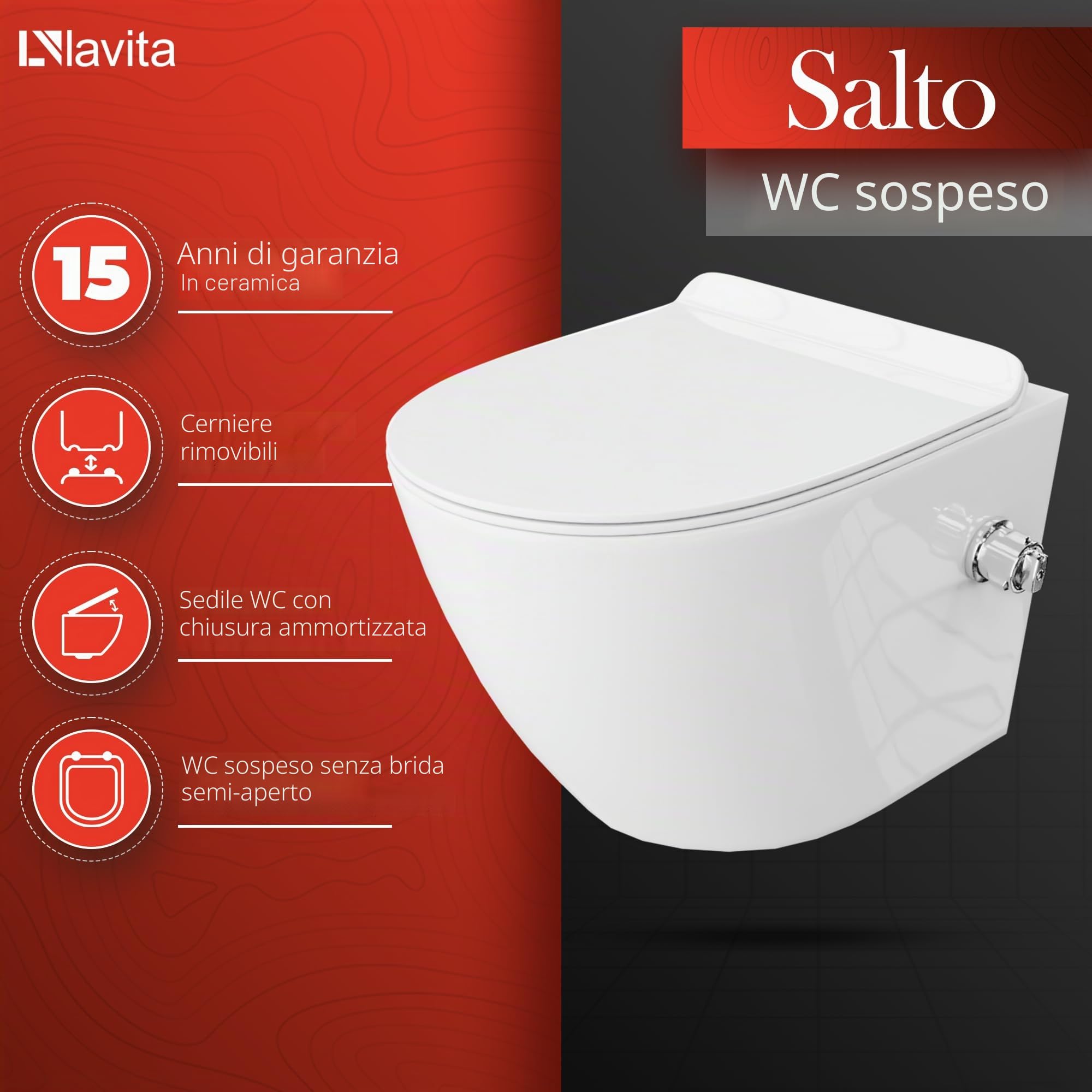 LAVITA Elemento a parete Solido + WC sospeso Salto bianco senza brida + + Sedile WC con chiusura ammortizzata bianco lucido Set completo Pulsante Completo Set WC Completo Set WC