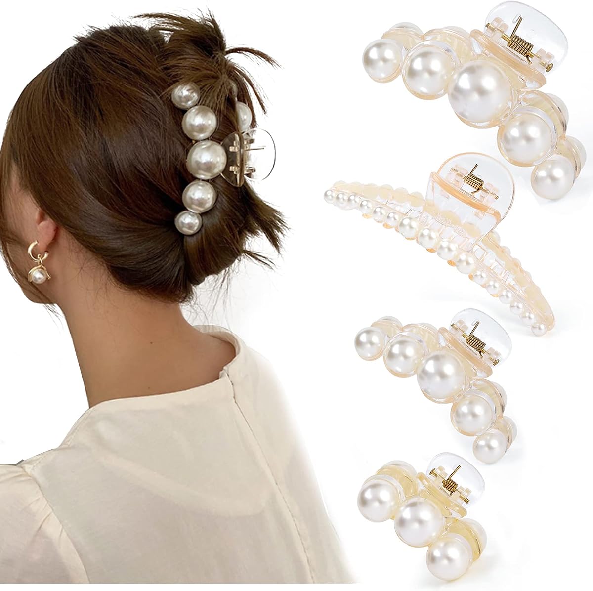 Mehayi 4 pinzas para el pelo con perlas grandes para mujeres y niñas, pasadores antideslizantes para cabello grueso y fino, elegantes accesorios para el cabello para bodas, fiestas y peinado diario