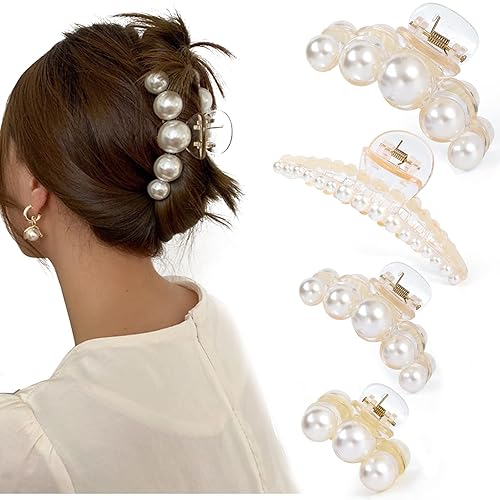 Mehayi 4 PCS Large Pearl Hair Claw Clips for Women Girls, Hair Barrette Clamps for Thick Thin Hair, Fashion Hair Accessories Headwear Styling Tools for Party Wedding - Type A