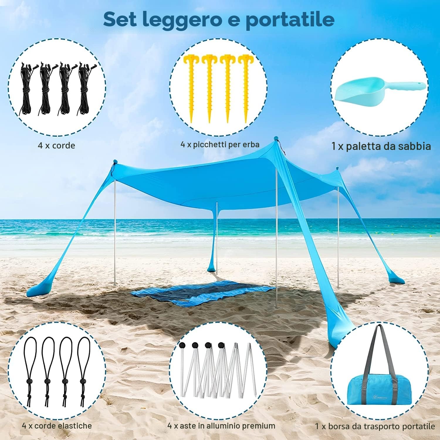 COMMOUDS Tenda da Spiaggia, Parasole 2,1m x 2,1m, Ombrellone Portatile Anti Sole con 4 aste, Facile da Montare e Adatto per Famiglie, Campeggio, Pesca