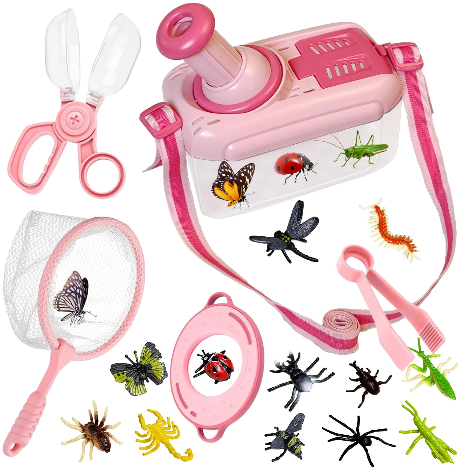 Kulveanju Kids Outdoor Toys Bug Hunting Kits for Children, 5 Pcs Bug Catcher Kit & 12 Bug Toys, Insect Box with Rotating Magnifying Glass, Outdoor Explorer Kit Gifts for Girls 3 4 5 6 Years Old, Pink