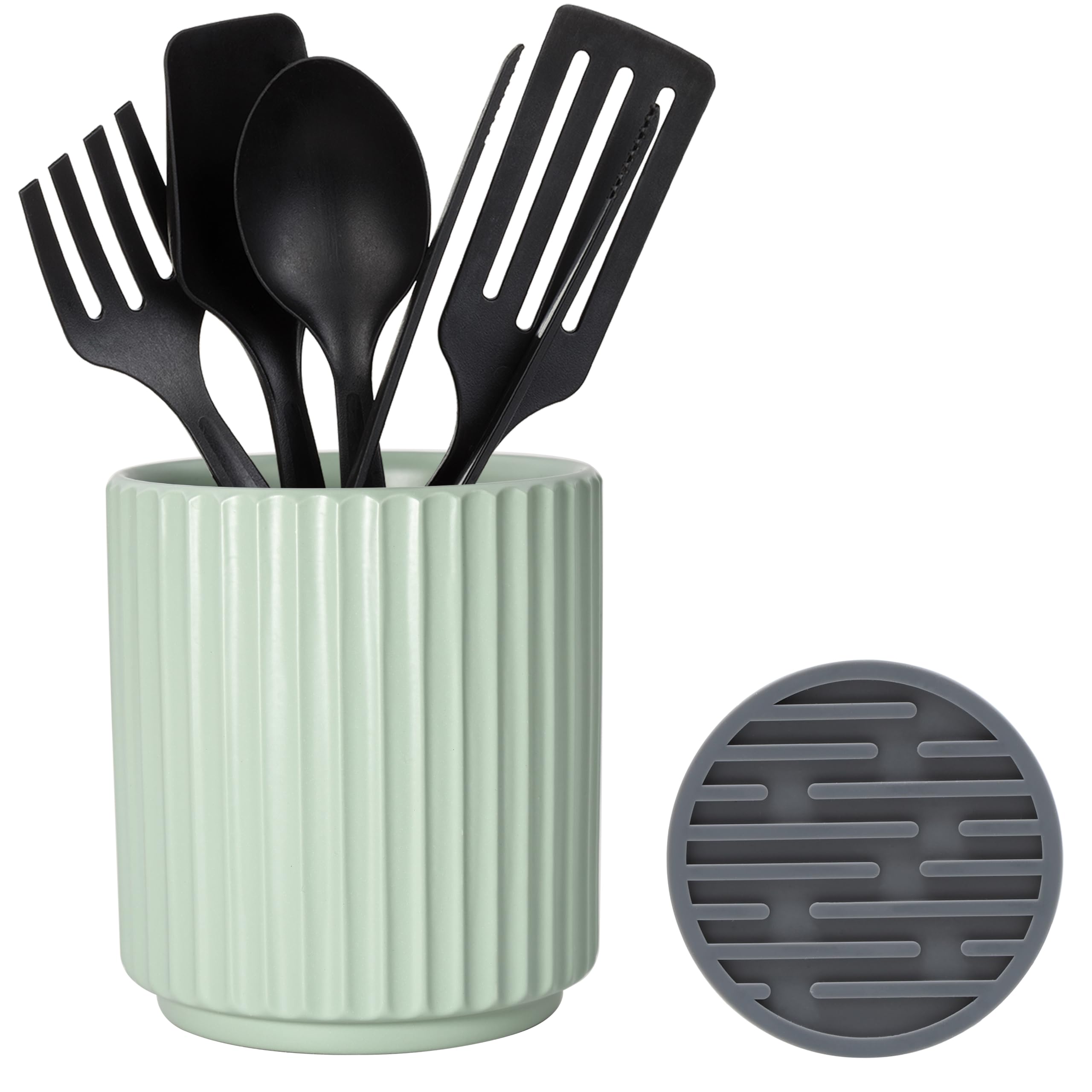 Muiltvoe Black Utensil Holder (H5.51” x W4.92”), Ceramic Utensil Crock, Cooking Spoon Holder for Kitchen, Spatula Holder for Counter, Includes Silicone Drying Mat, Black