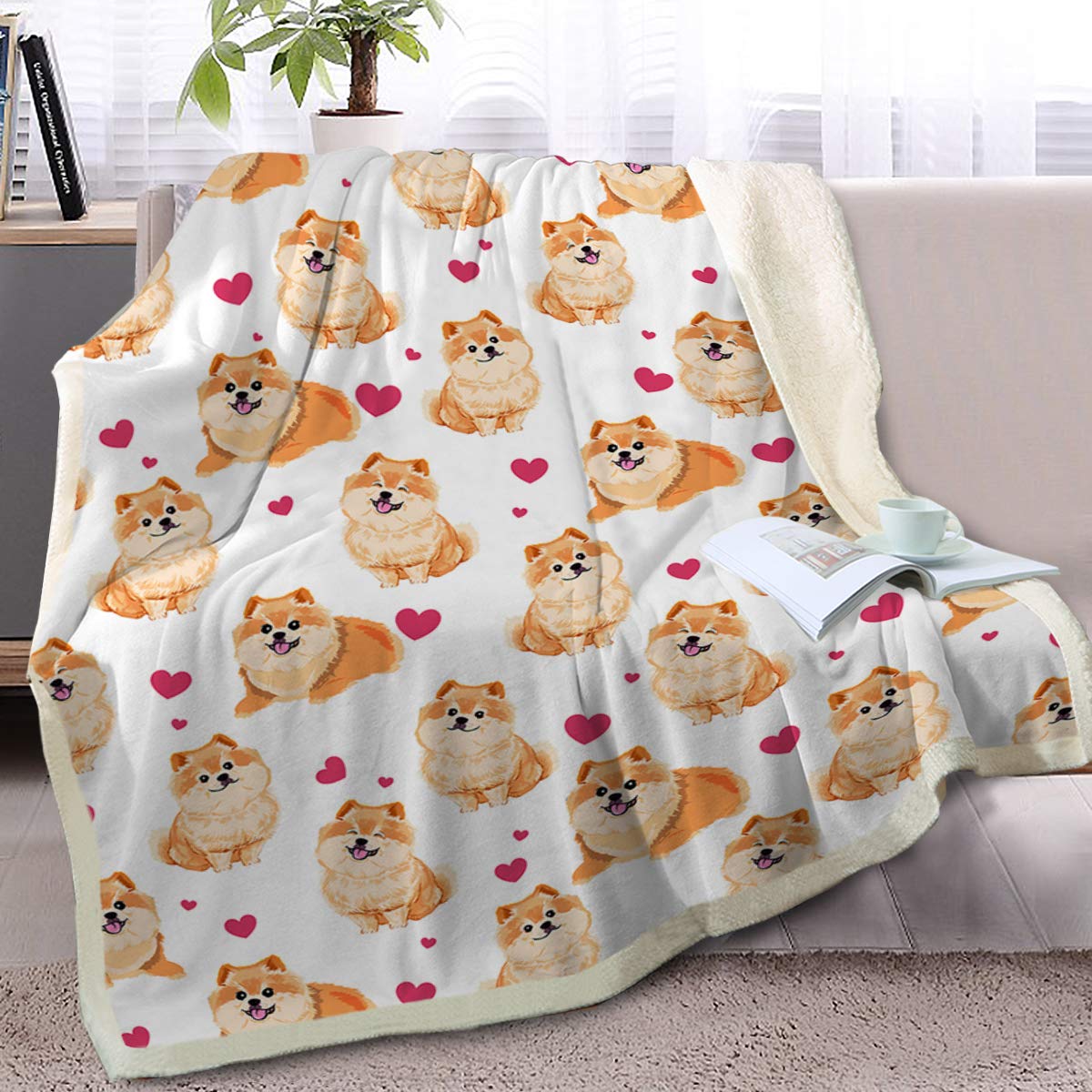 BlessLiving Red Hearts Dog Cat Print Plush Blanket Cute Puppy for Kids Adults 3D Animal Print Plush Blanket Gift for Pet Lovers (Pomeranian,Throw, 50 x 60 Inches)